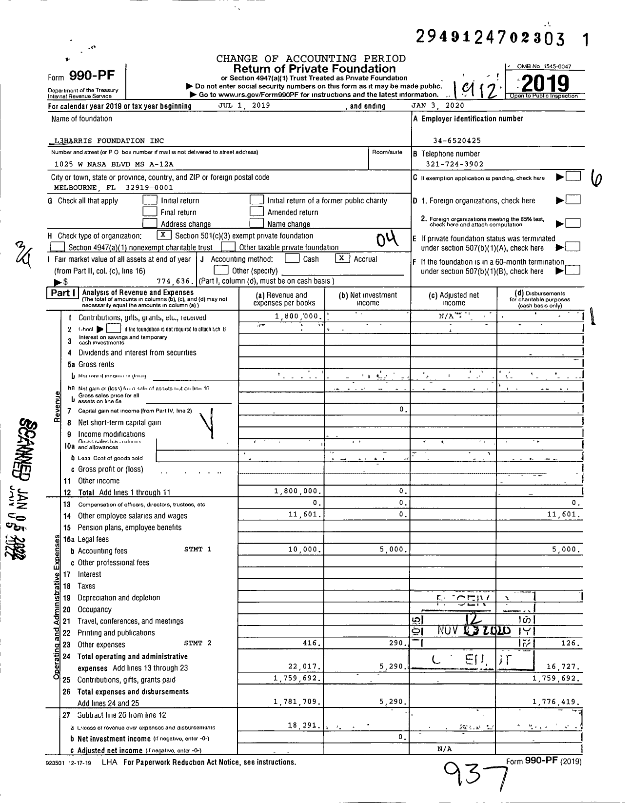 Image of first page of 2019 Form 990PF for L3harris Foundation