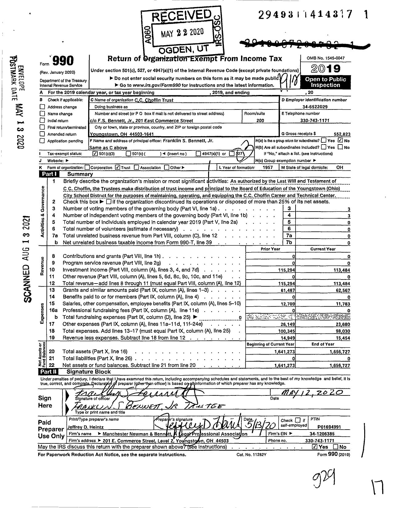 Image of first page of 2019 Form 990 for C C Choffin Trust