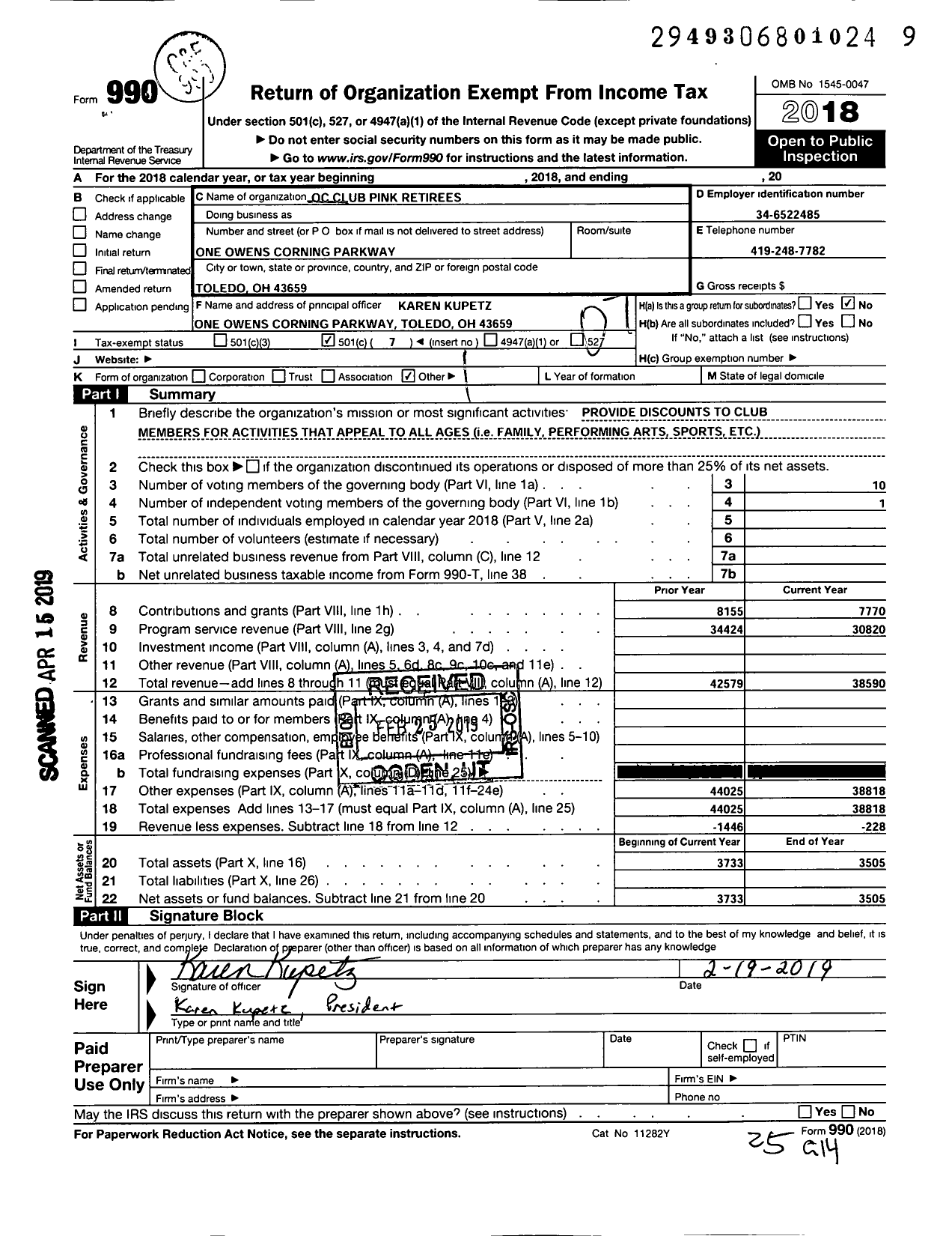 Image of first page of 2018 Form 990O for Oc Club Pink Retirees