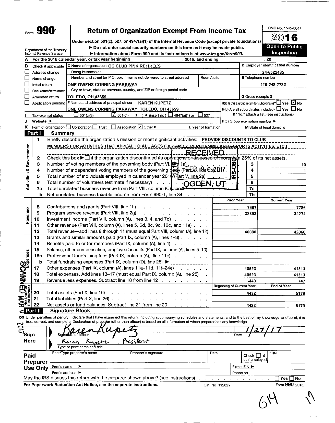 Image of first page of 2016 Form 990O for Oc Club Pink Retirees