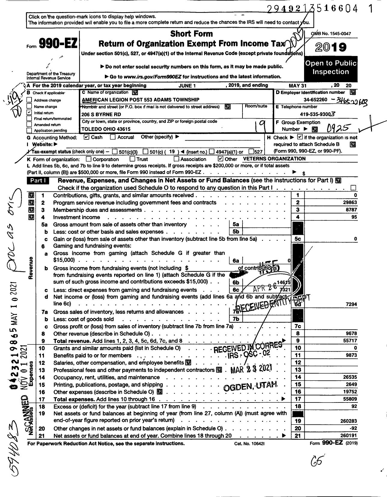 Image of first page of 2019 Form 990EO for American Legion - 553 Adams Township