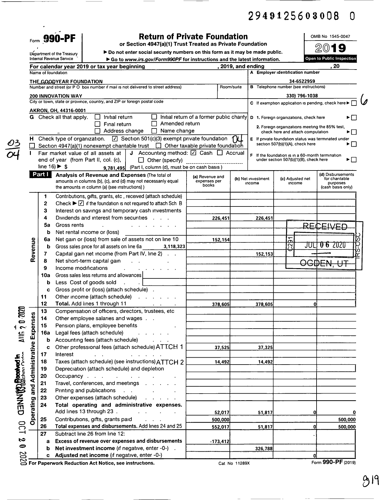 Image of first page of 2019 Form 990PR for The Goodyear Foundation