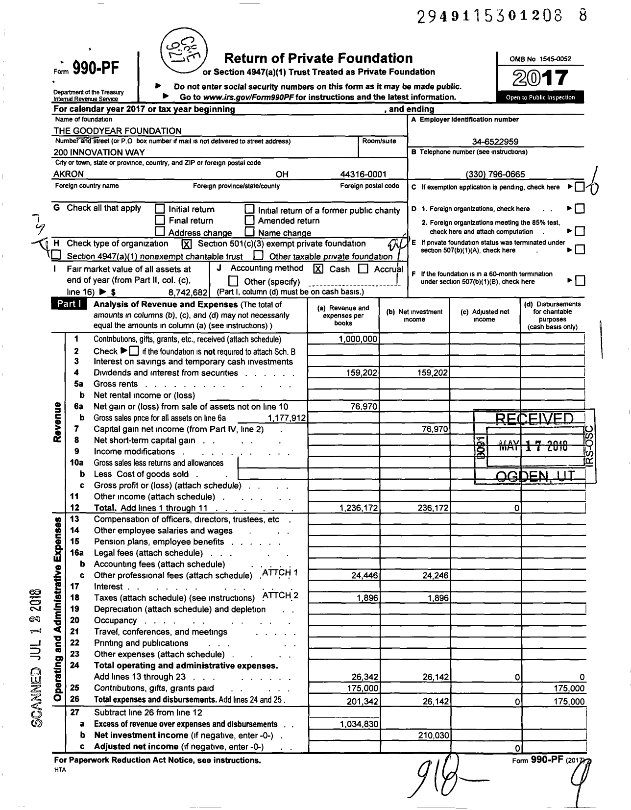 Image of first page of 2017 Form 990PF for The Goodyear Foundation