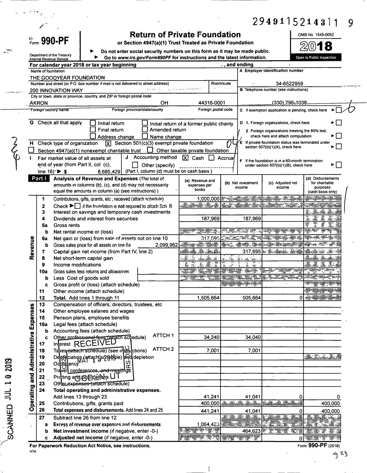 Image of first page of 2018 Form 990PF for The Goodyear Foundation