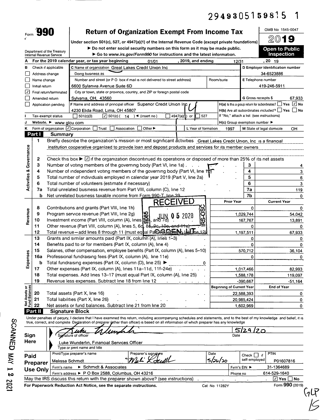 Image of first page of 2019 Form 990O for Great Lakes Credit Union