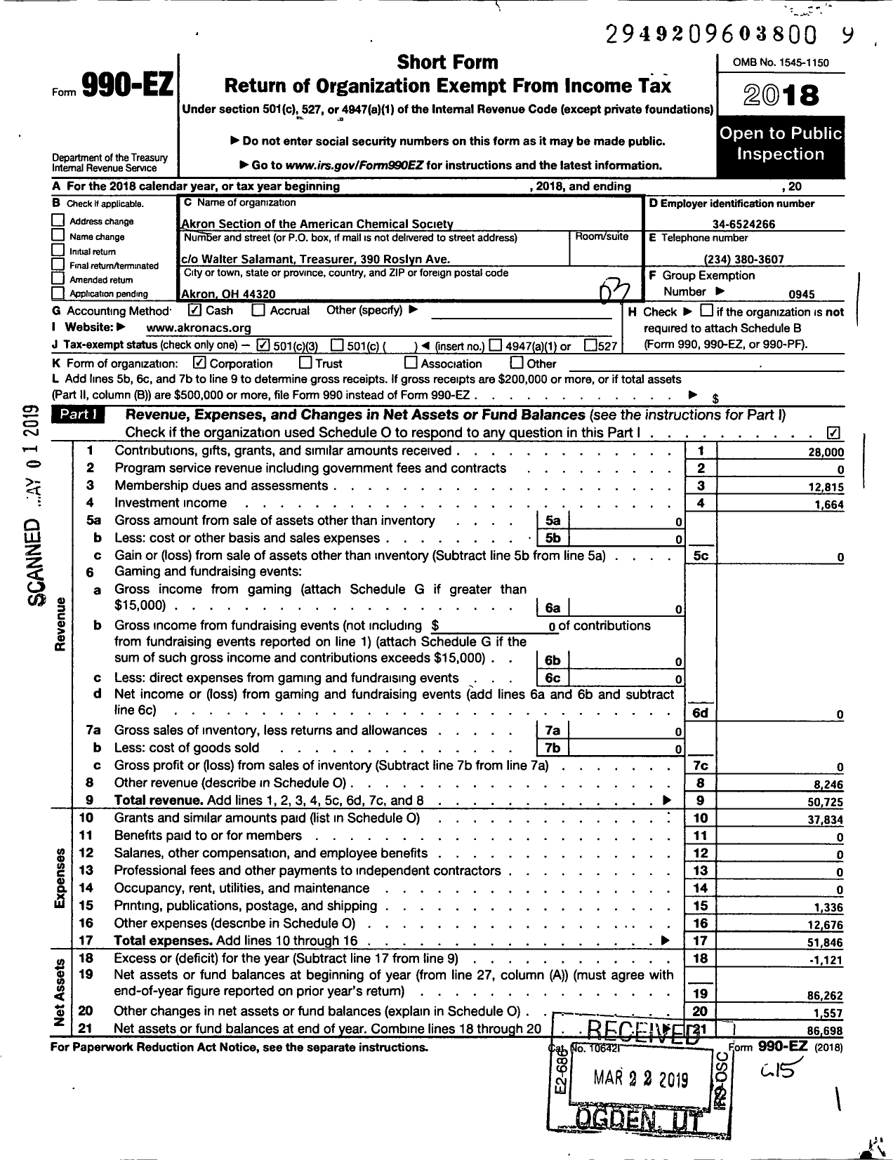 Image of first page of 2018 Form 990EZ for American Chemical Society - Akron Section of the American Chemi