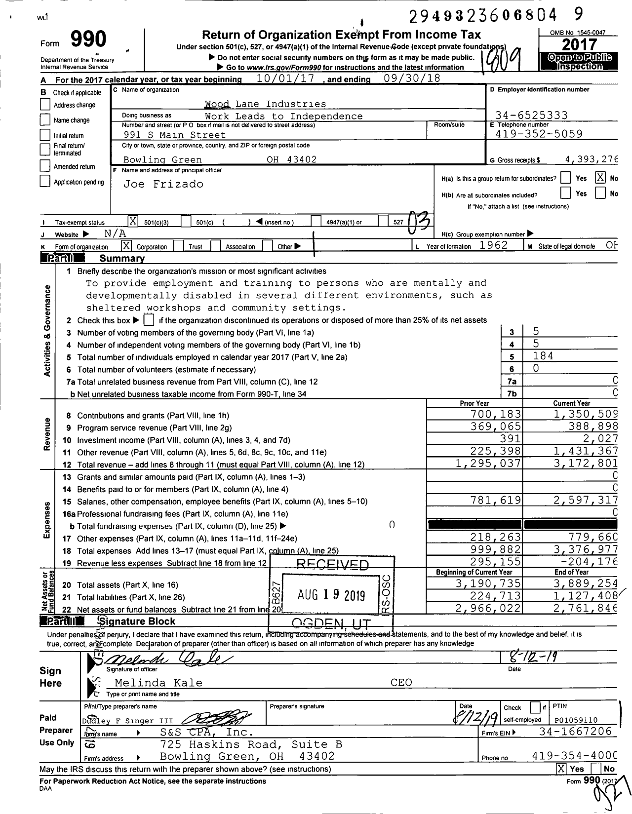 Image of first page of 2017 Form 990 for Work Leads To Independence