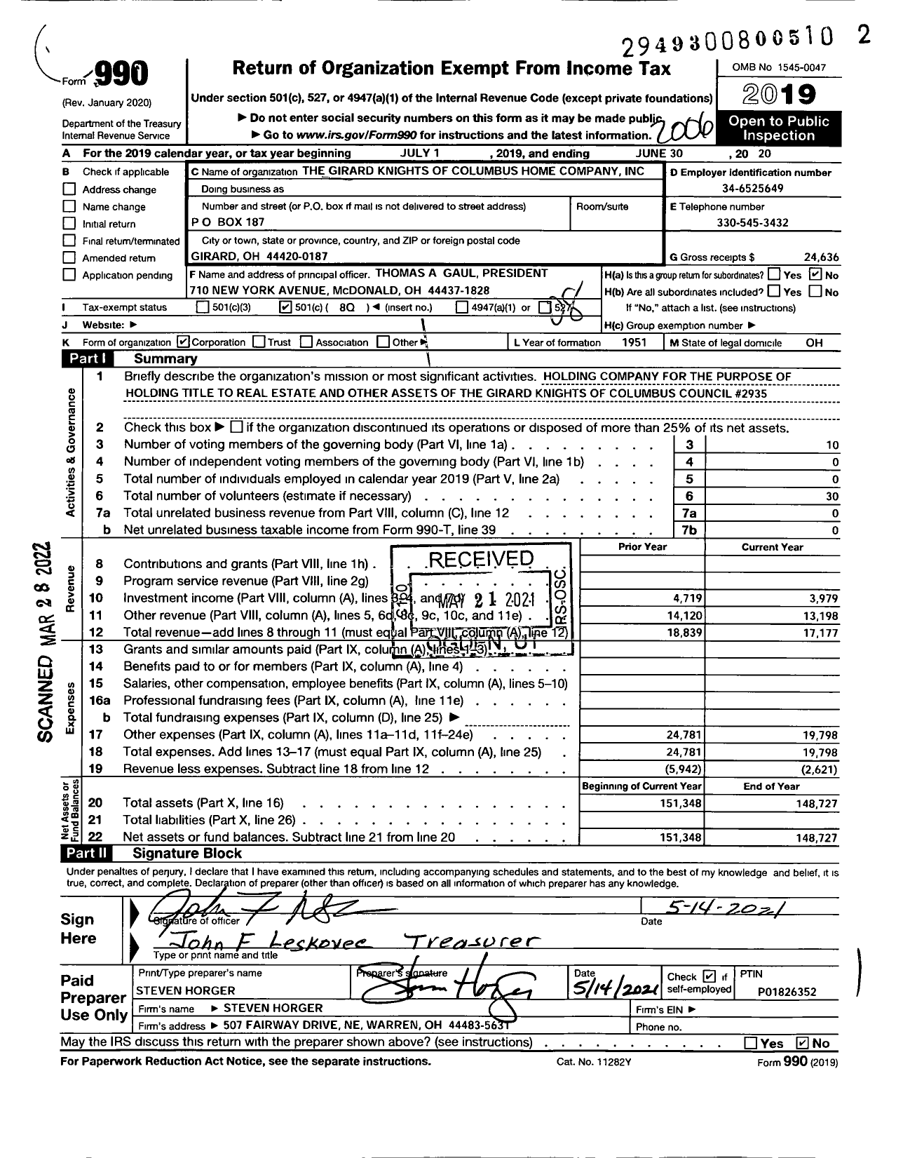 Image of first page of 2019 Form 990O for Knights of Columbus Home Company