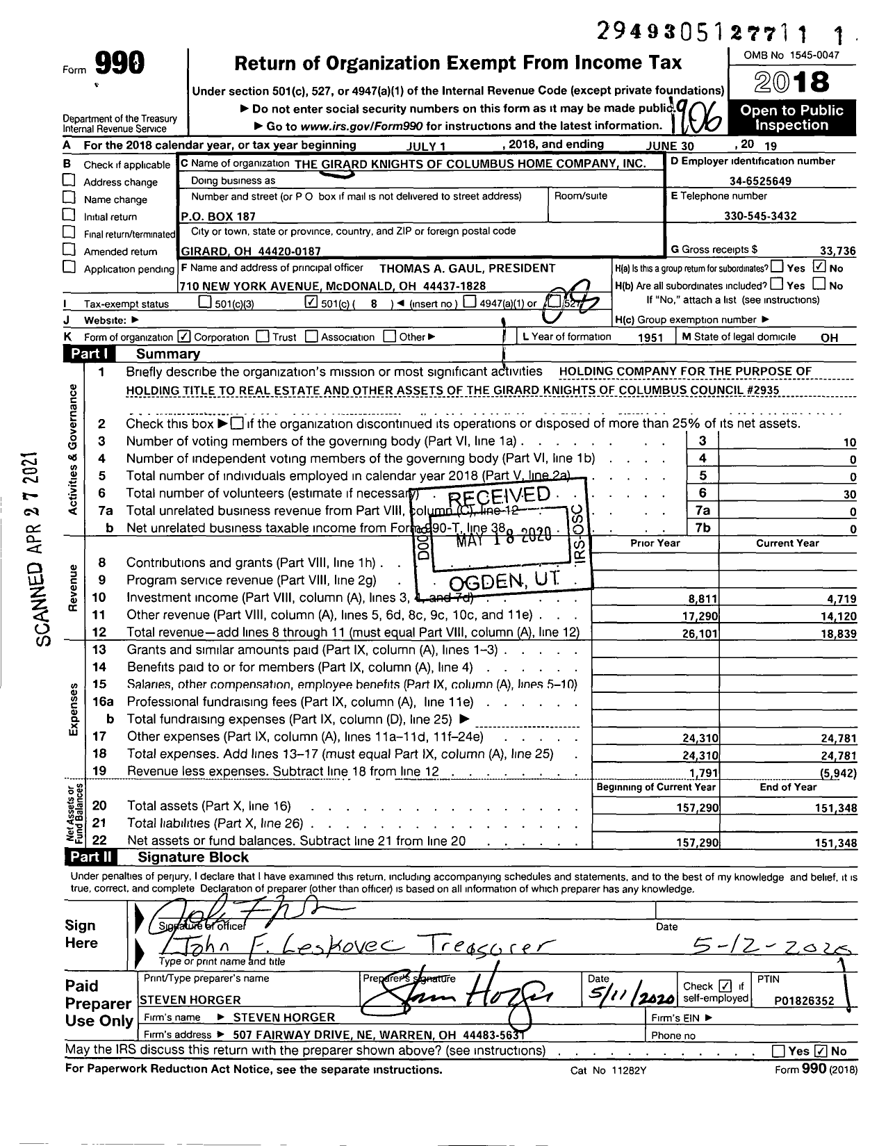 Image of first page of 2018 Form 990O for Knights of Columbus Home Company