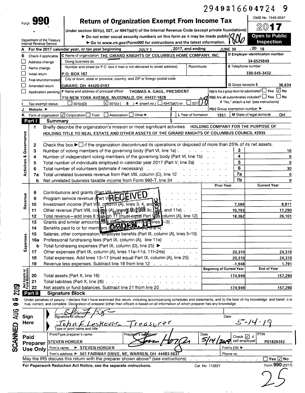 Image of first page of 2017 Form 990O for Knights of Columbus Home Company