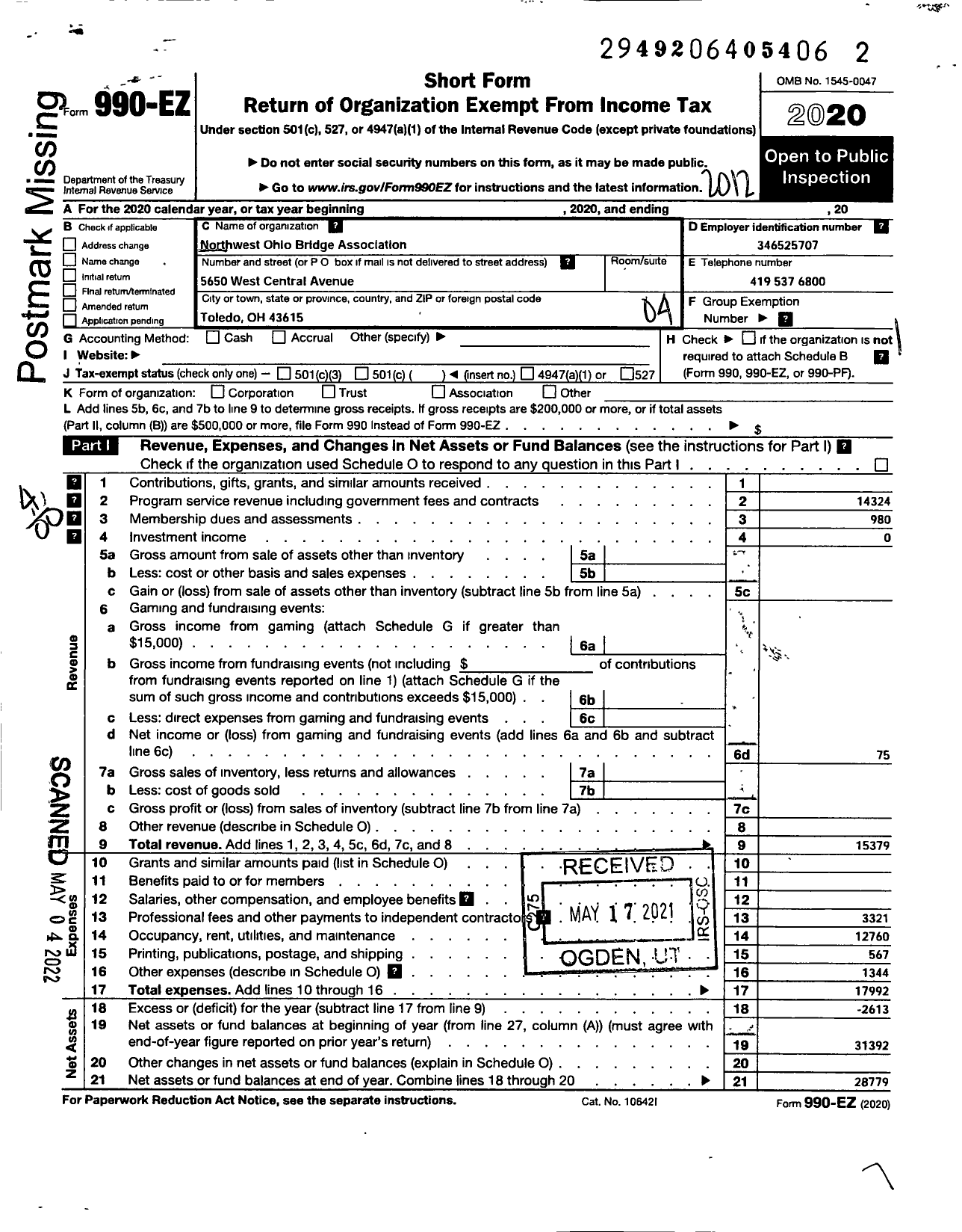 Image of first page of 2020 Form 990EO for Northwestern Ohio Bridge Association