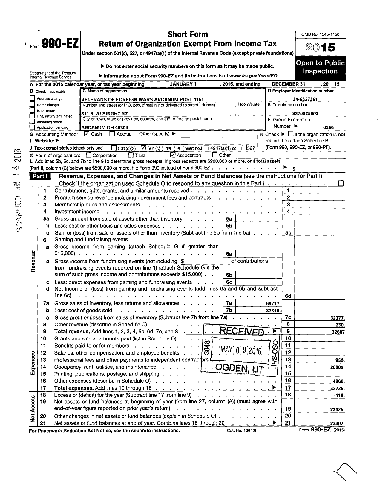 Image of first page of 2015 Form 990EO for Ohio VFW - Veterans of Foreign Wars Arcanum Post 4161