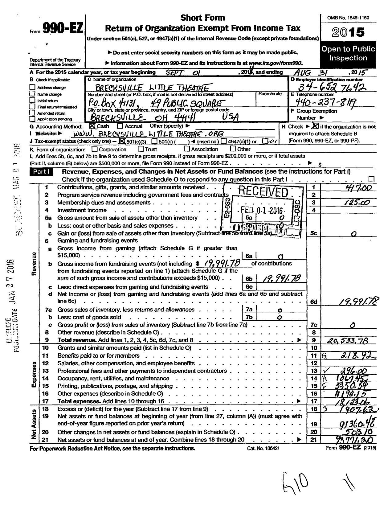 Image of first page of 2014 Form 990EZ for Brecksville Little Theatre