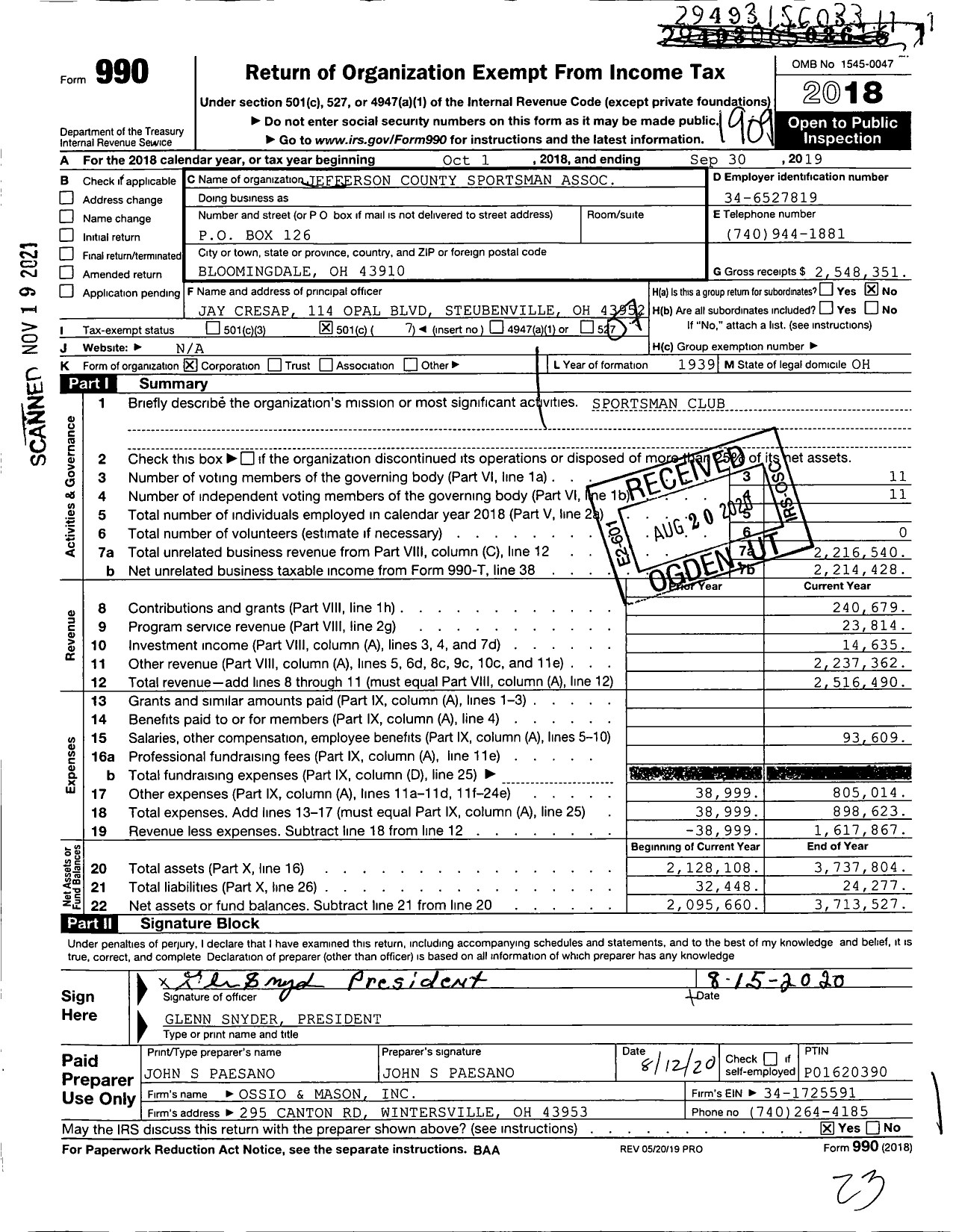 Image of first page of 2018 Form 990O for Jefferson County Sportsman Association