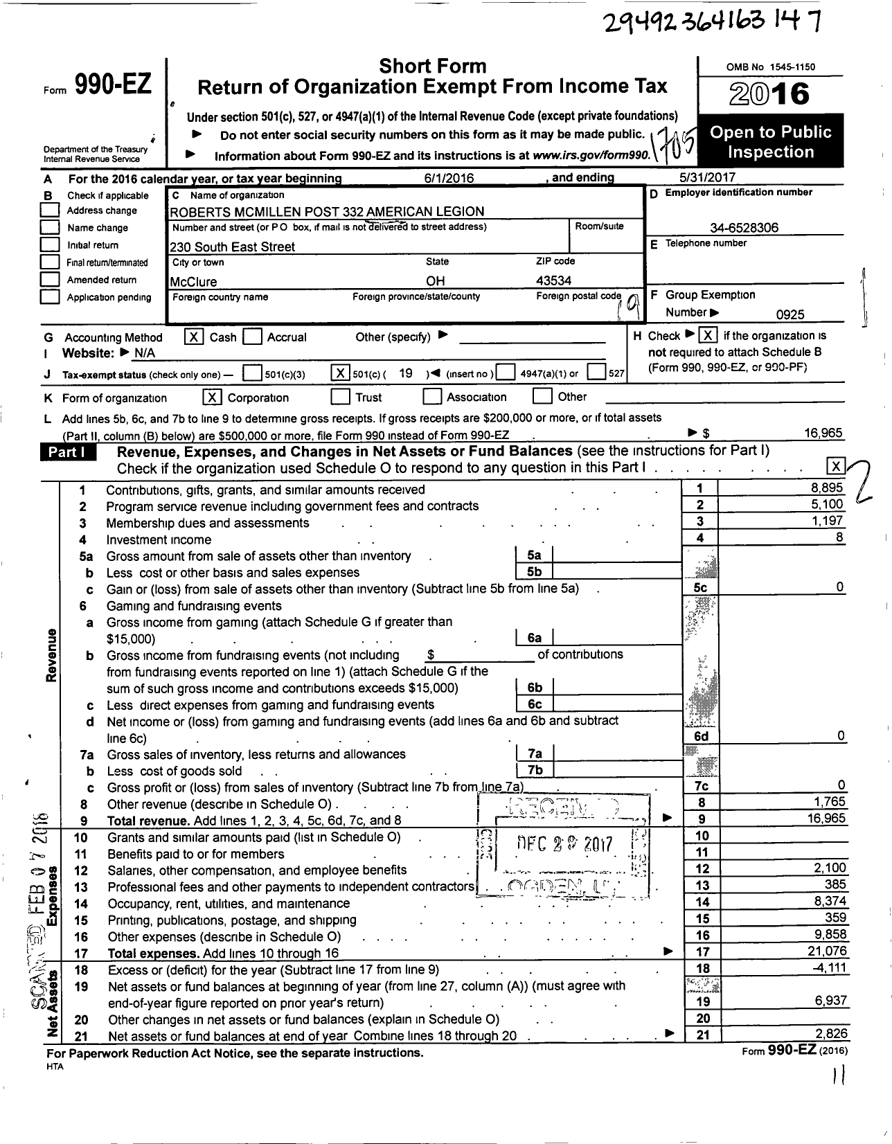 Image of first page of 2016 Form 990EO for American Legion - 332 Post Roberts Mcmillen