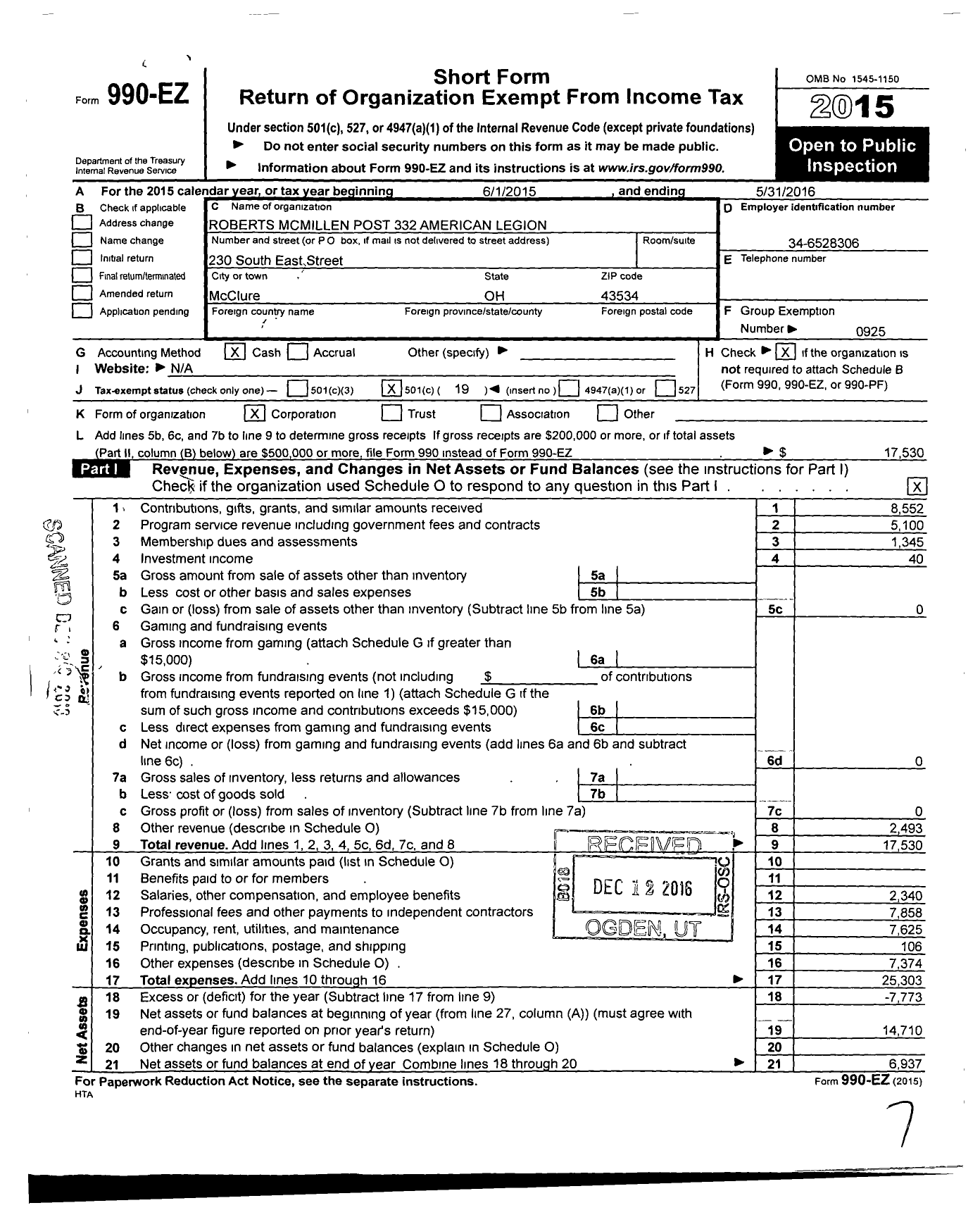 Image of first page of 2015 Form 990EO for American Legion - 332 Post Roberts Mcmillen