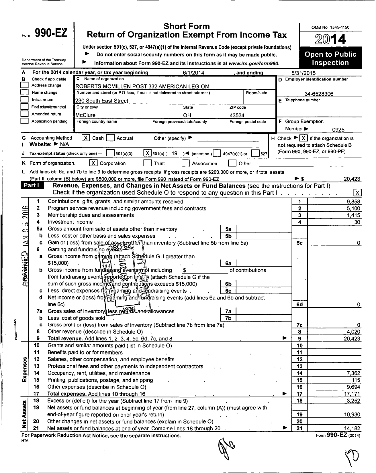 Image of first page of 2014 Form 990EO for American Legion - 332 Post Roberts Mcmillen