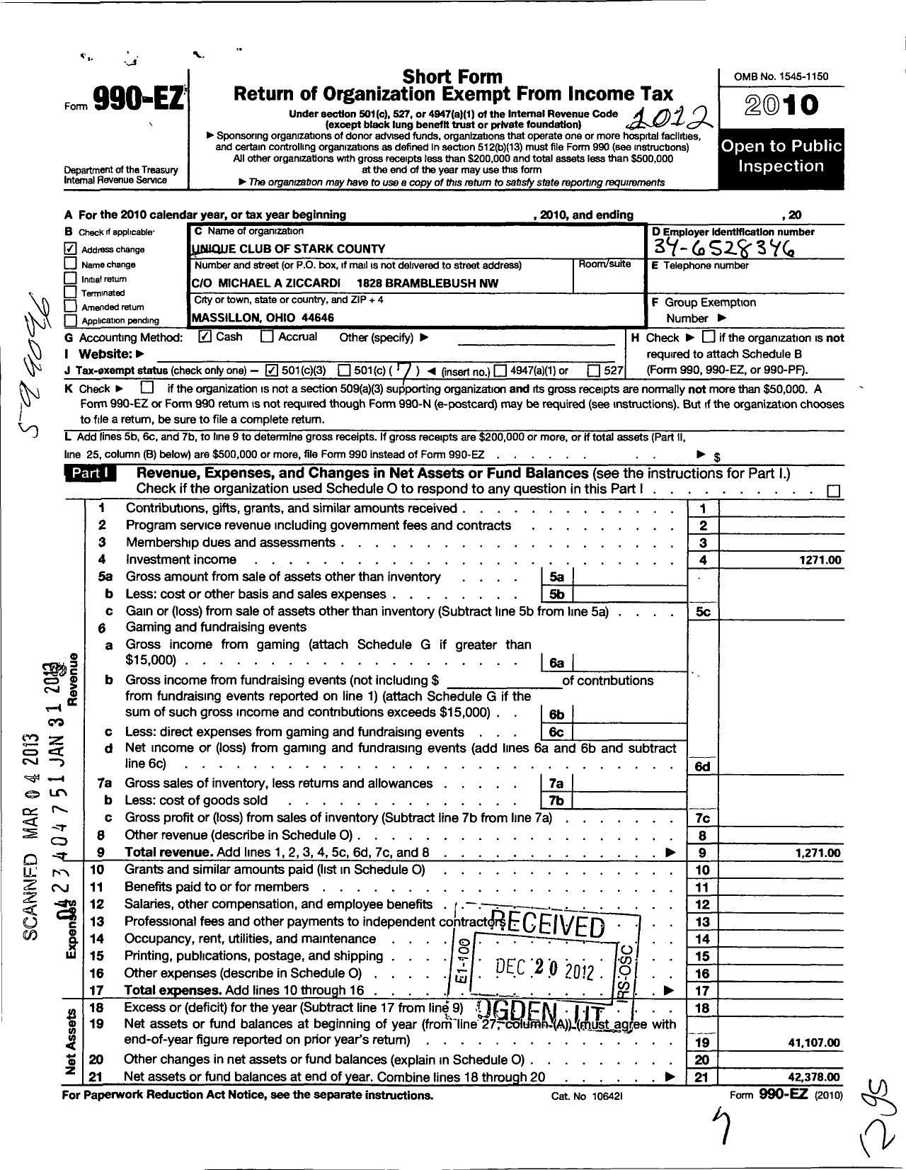 Image of first page of 2010 Form 990EO for Unique Club