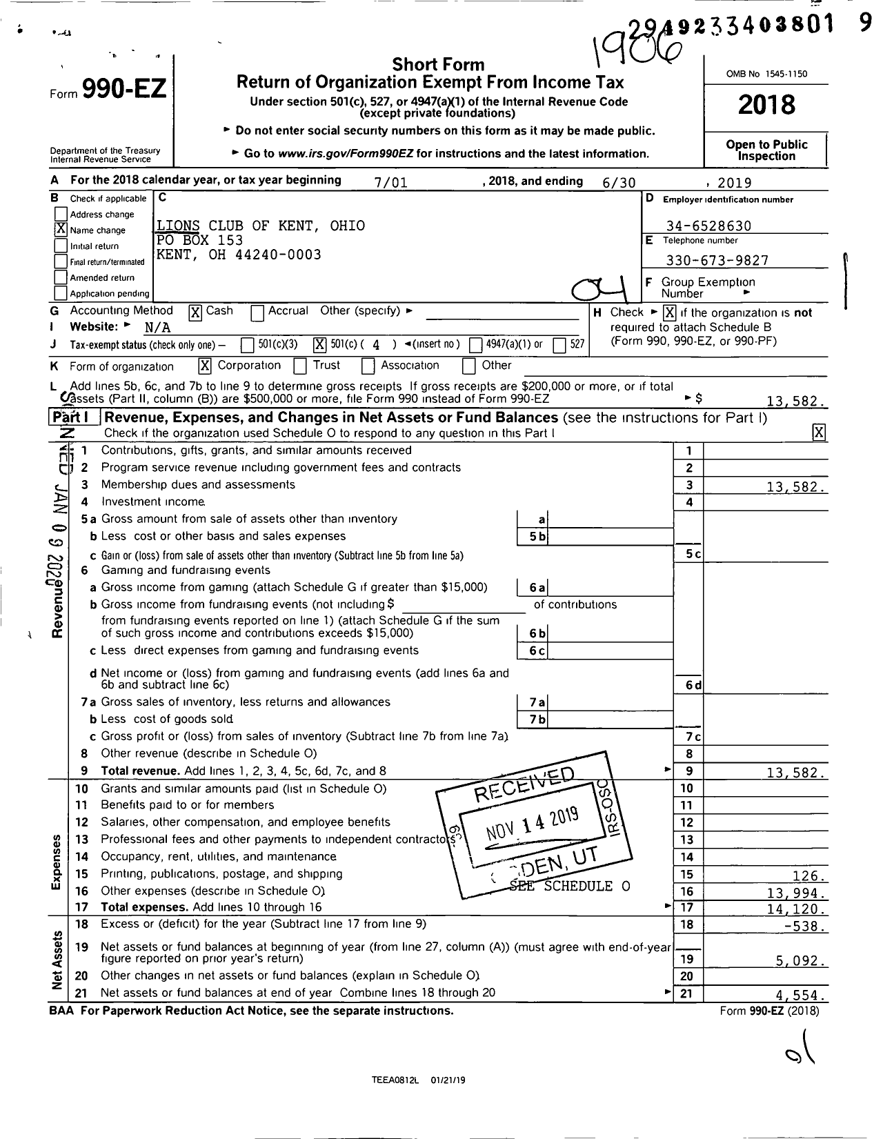 Image of first page of 2018 Form 990EO for Lions Clubs - 5329 Kent