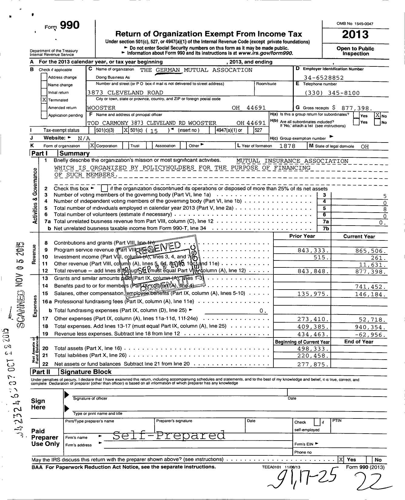 Image of first page of 2013 Form 990O for German Mutual Association