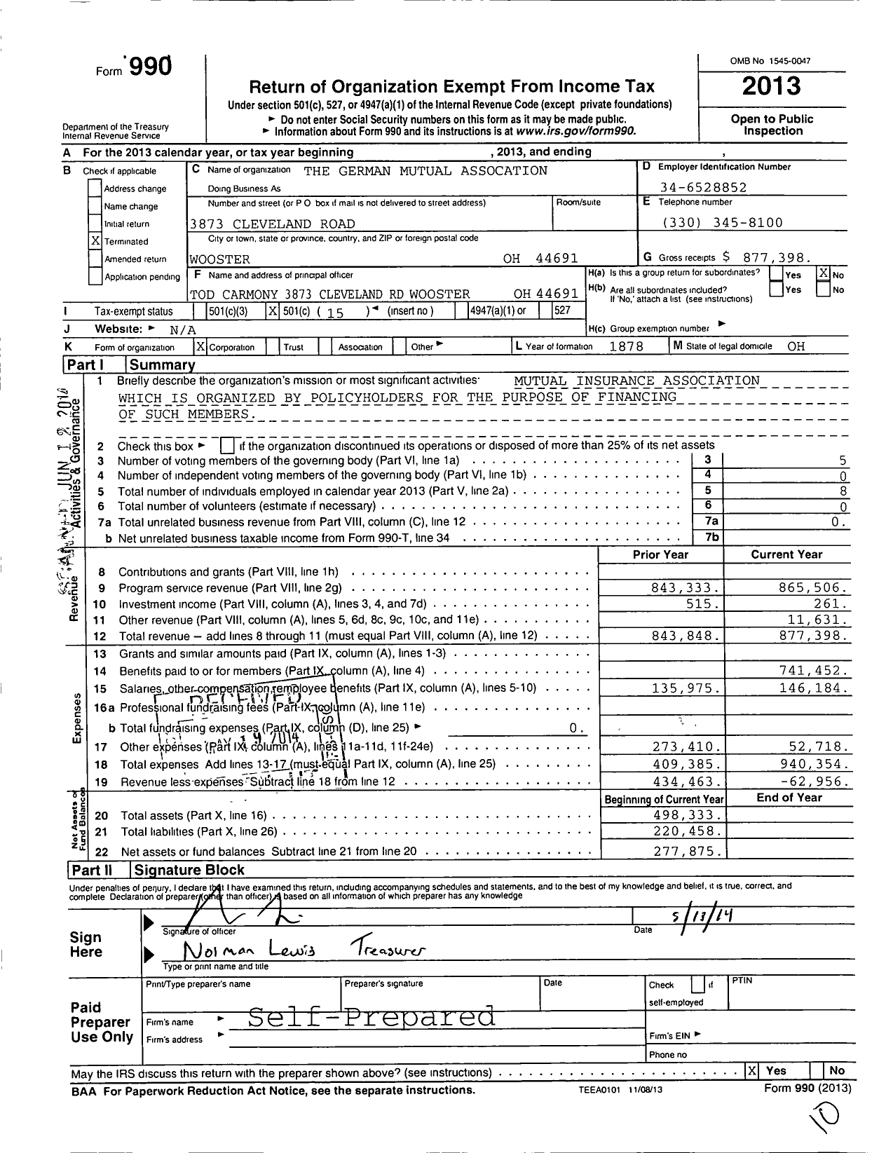 Image of first page of 2013 Form 990O for German Mutual Association