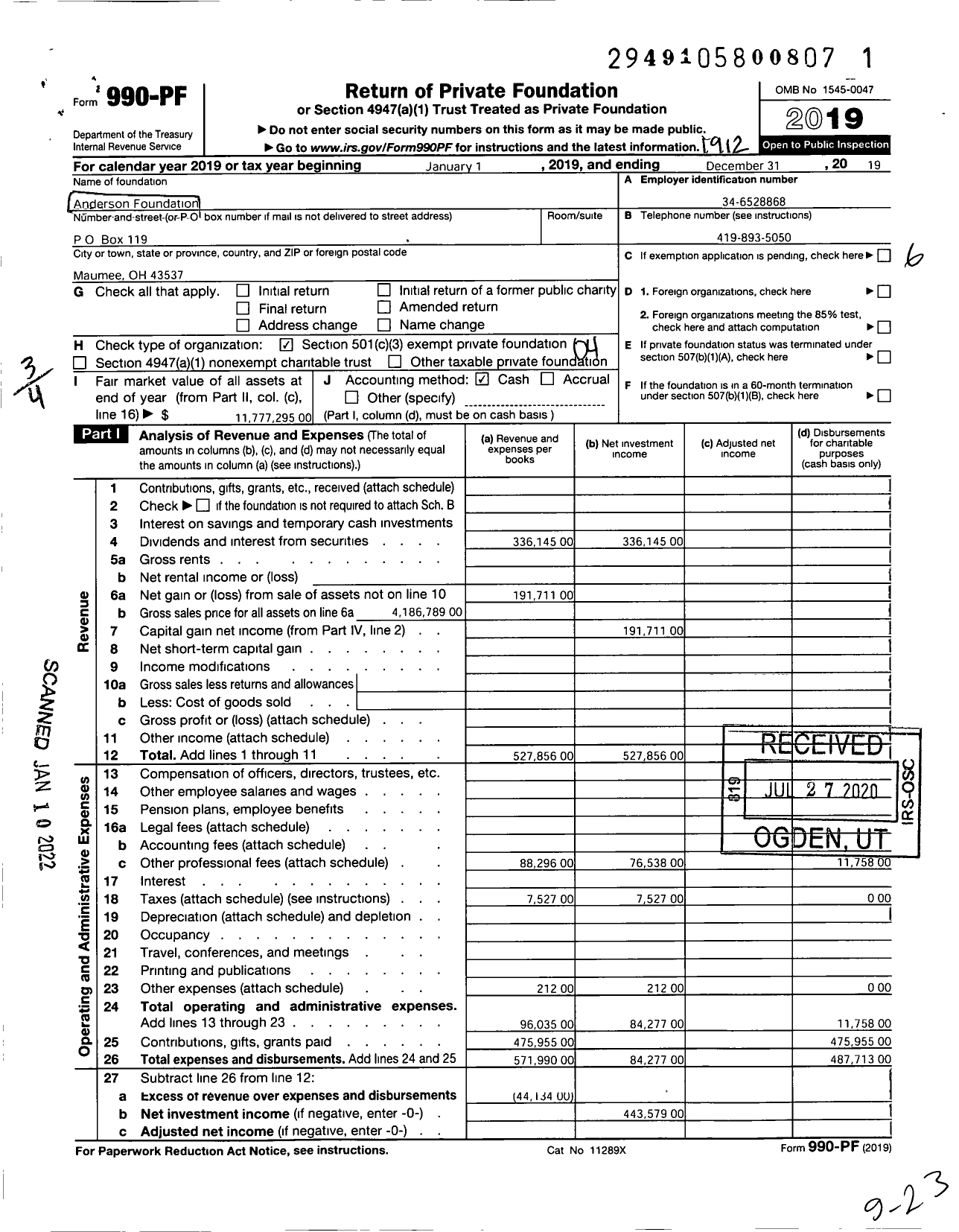 Image of first page of 2019 Form 990PF for Andersons Foundation