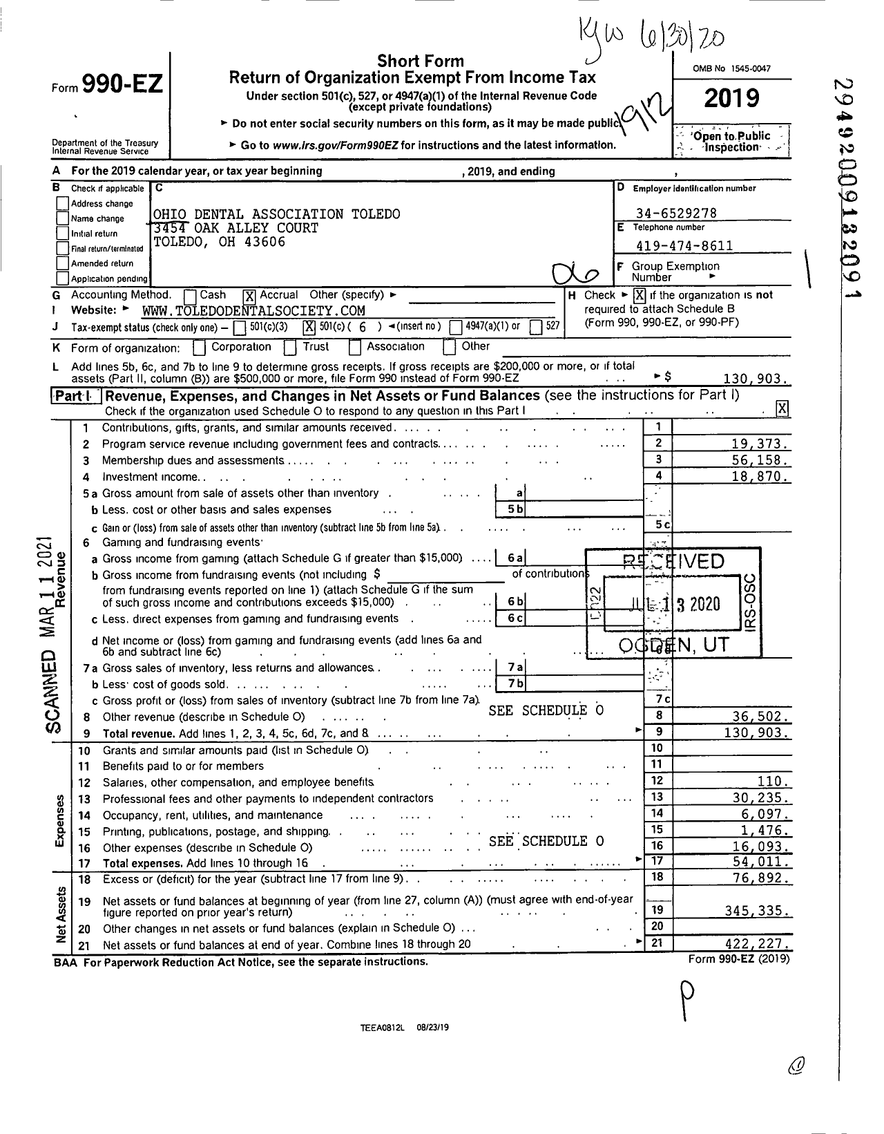 Image of first page of 2019 Form 990EO for Ohio Dental Association Toledo