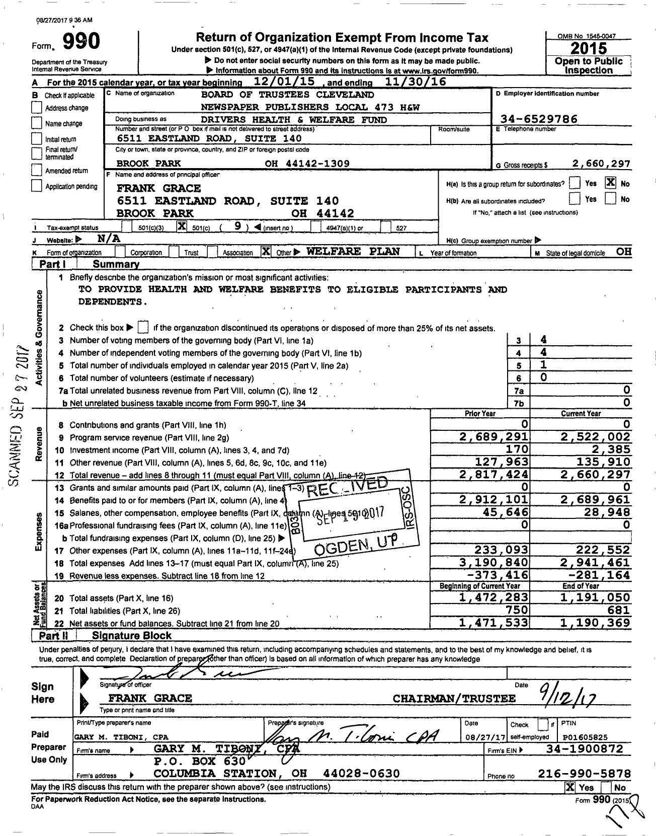 Image of first page of 2015 Form 990O for Board of Trustees Cleveland Newspaper Publishers Local 473 H and W
