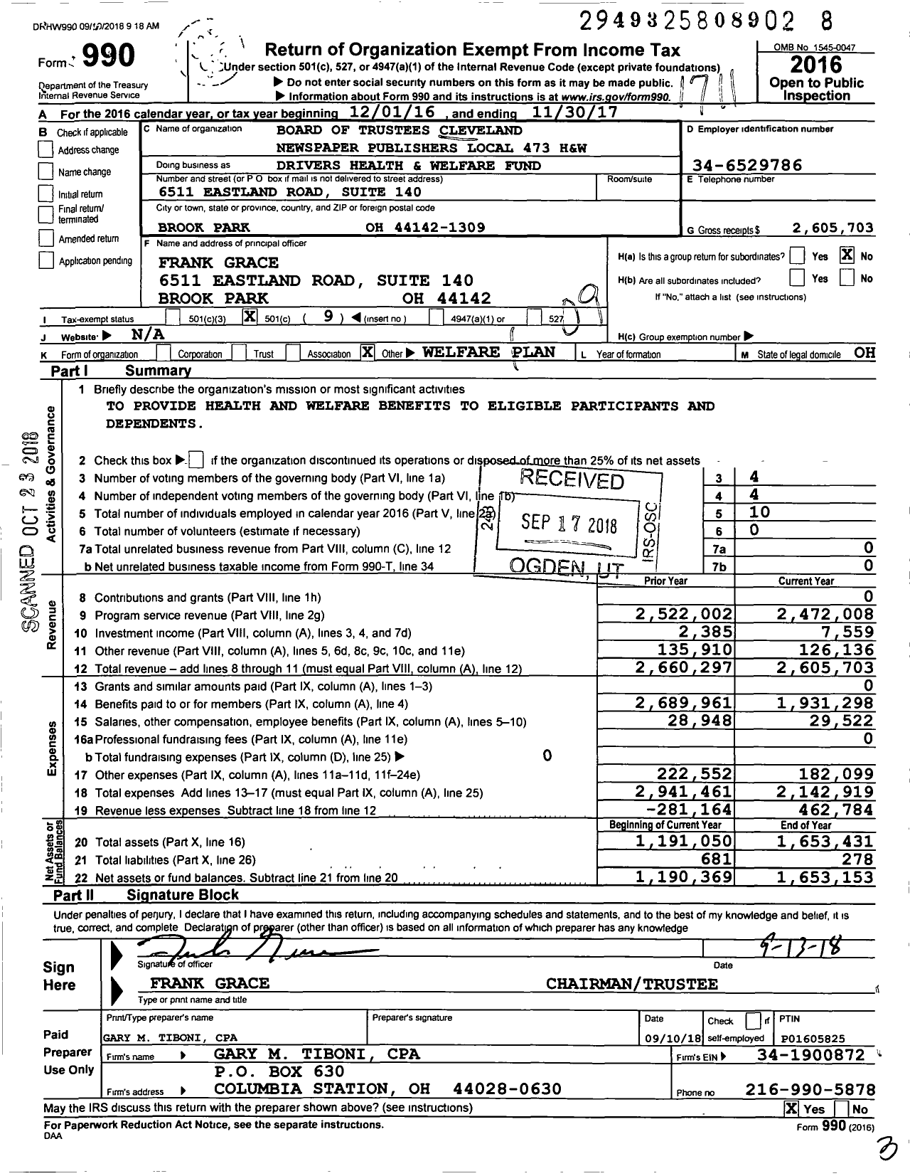 Image of first page of 2016 Form 990O for Board of Trustees Cleveland Newspaper Publishers Local 473 H and W