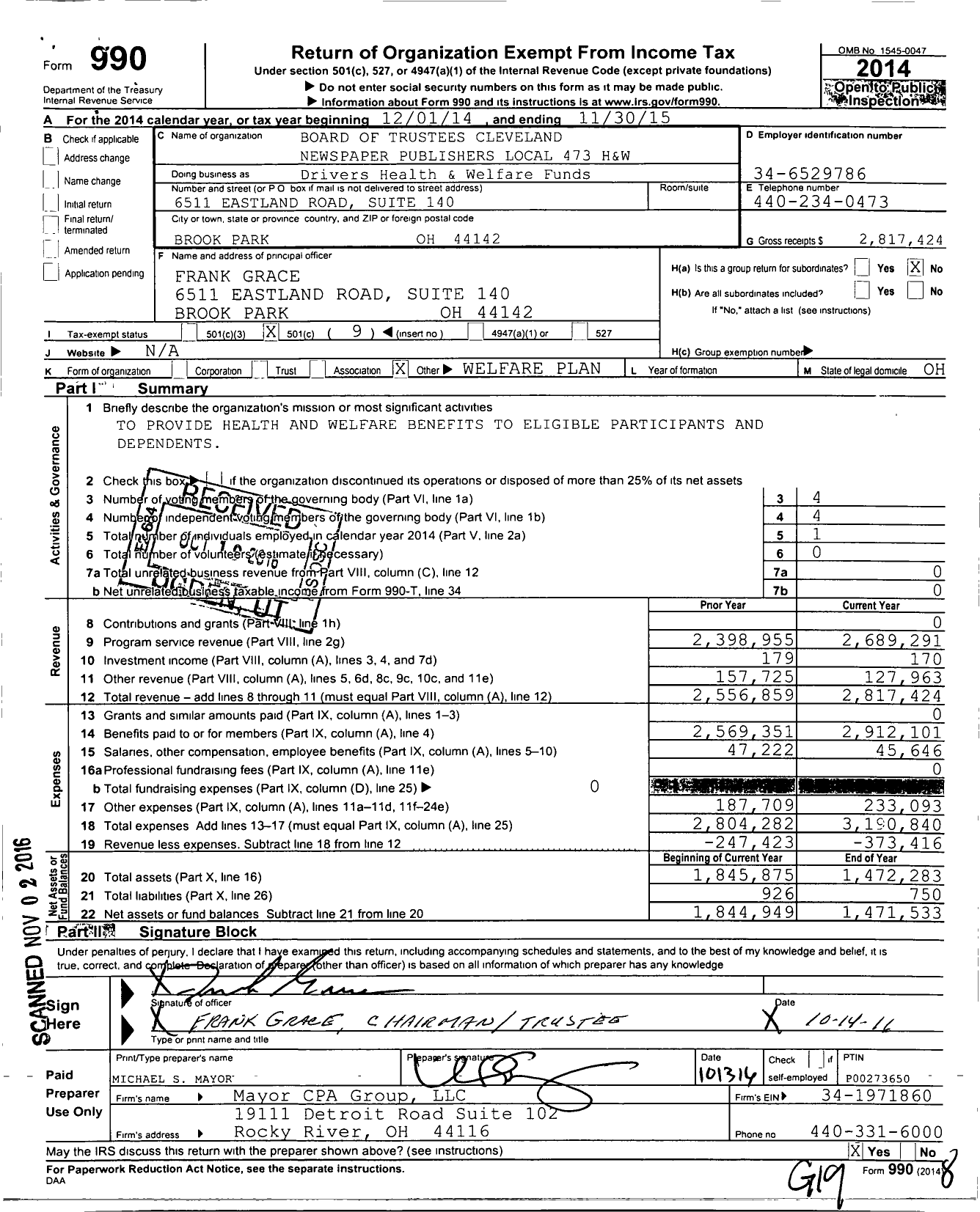 Image of first page of 2014 Form 990O for Board of Trustees Cleveland Newspaper Publishers Local 473 H and W