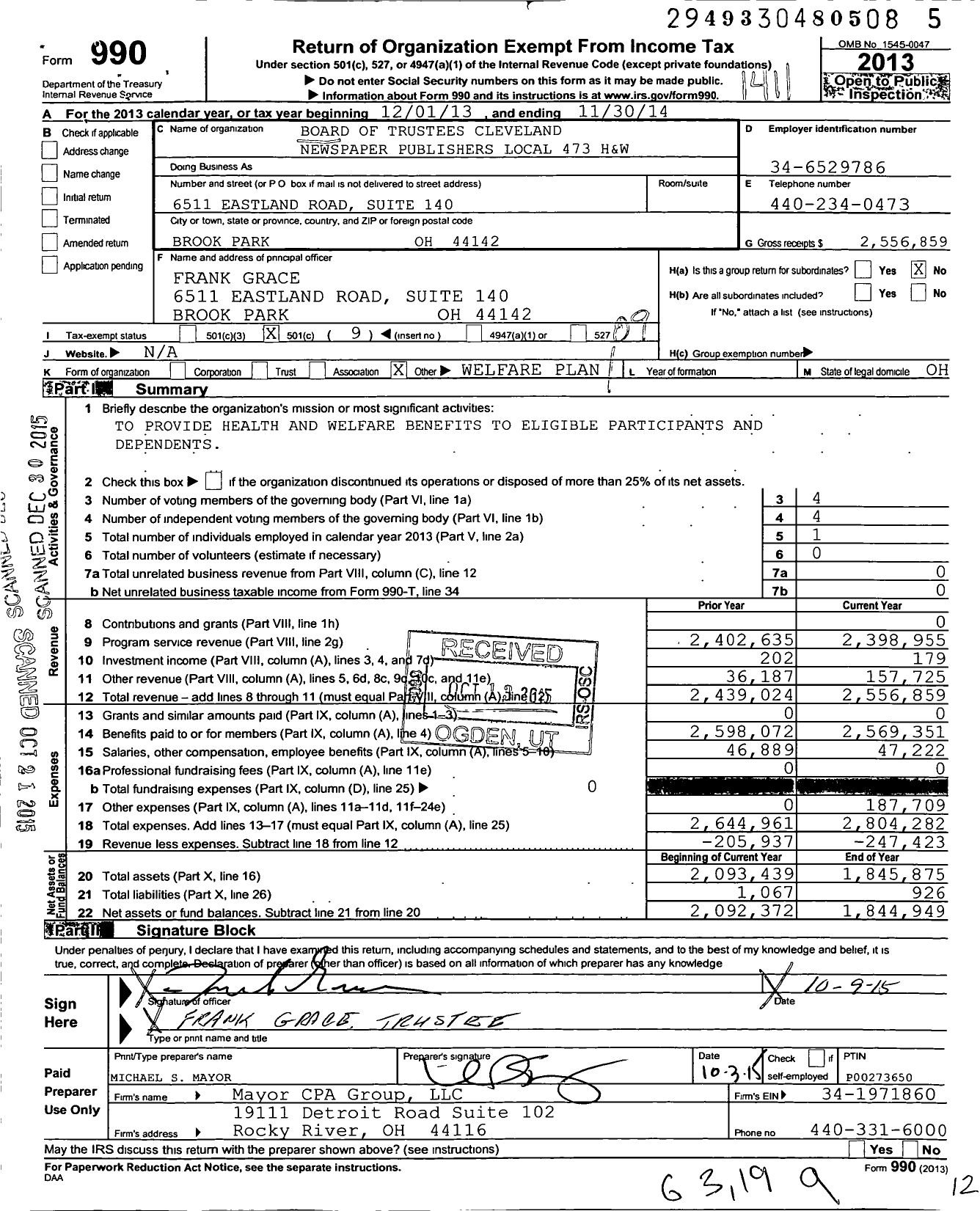 Image of first page of 2013 Form 990O for Board of Trustees Cleveland Newspaper Publishers Local 473 H and W