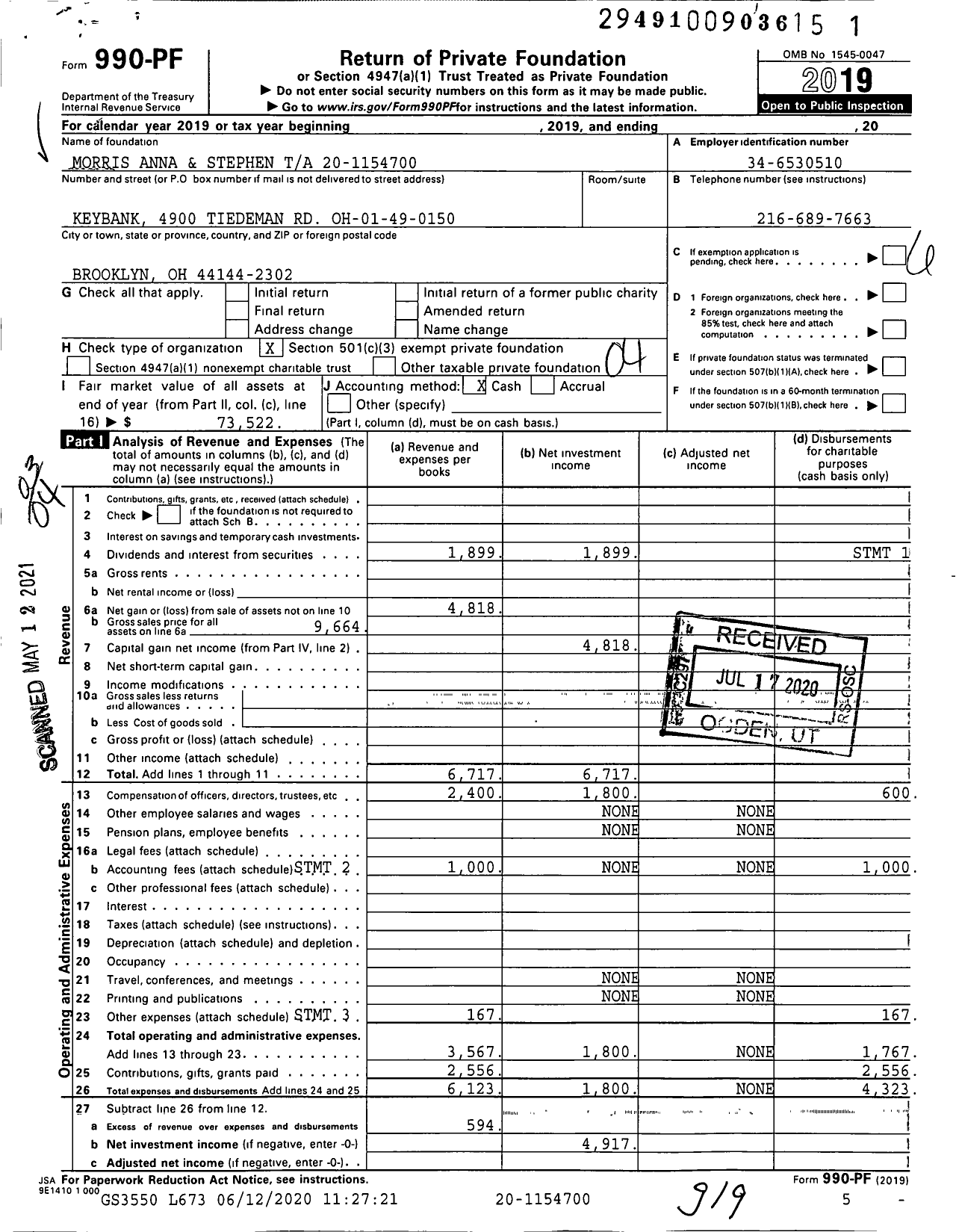 Image of first page of 2019 Form 990PF for Morris Anna and Stephen Ta