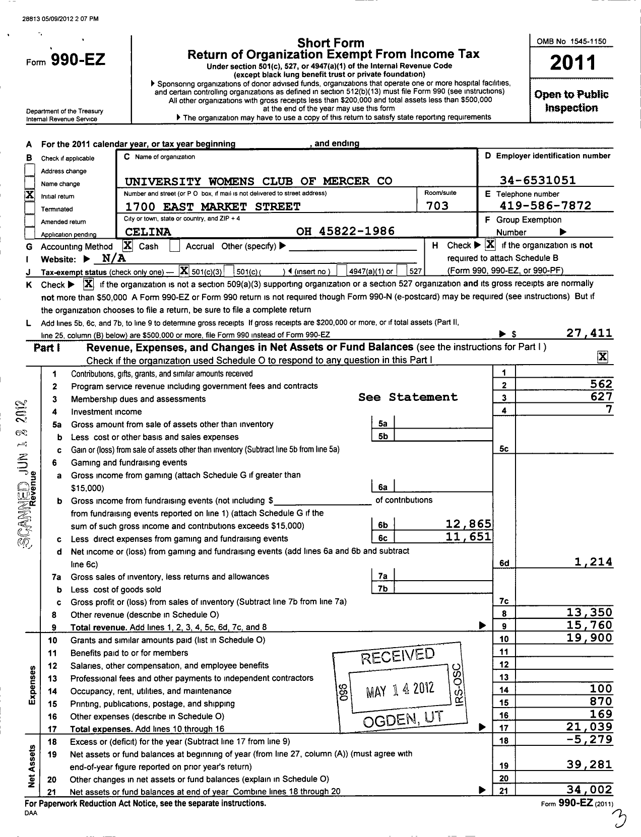 Image of first page of 2011 Form 990EZ for University Womens Club of Mercer County