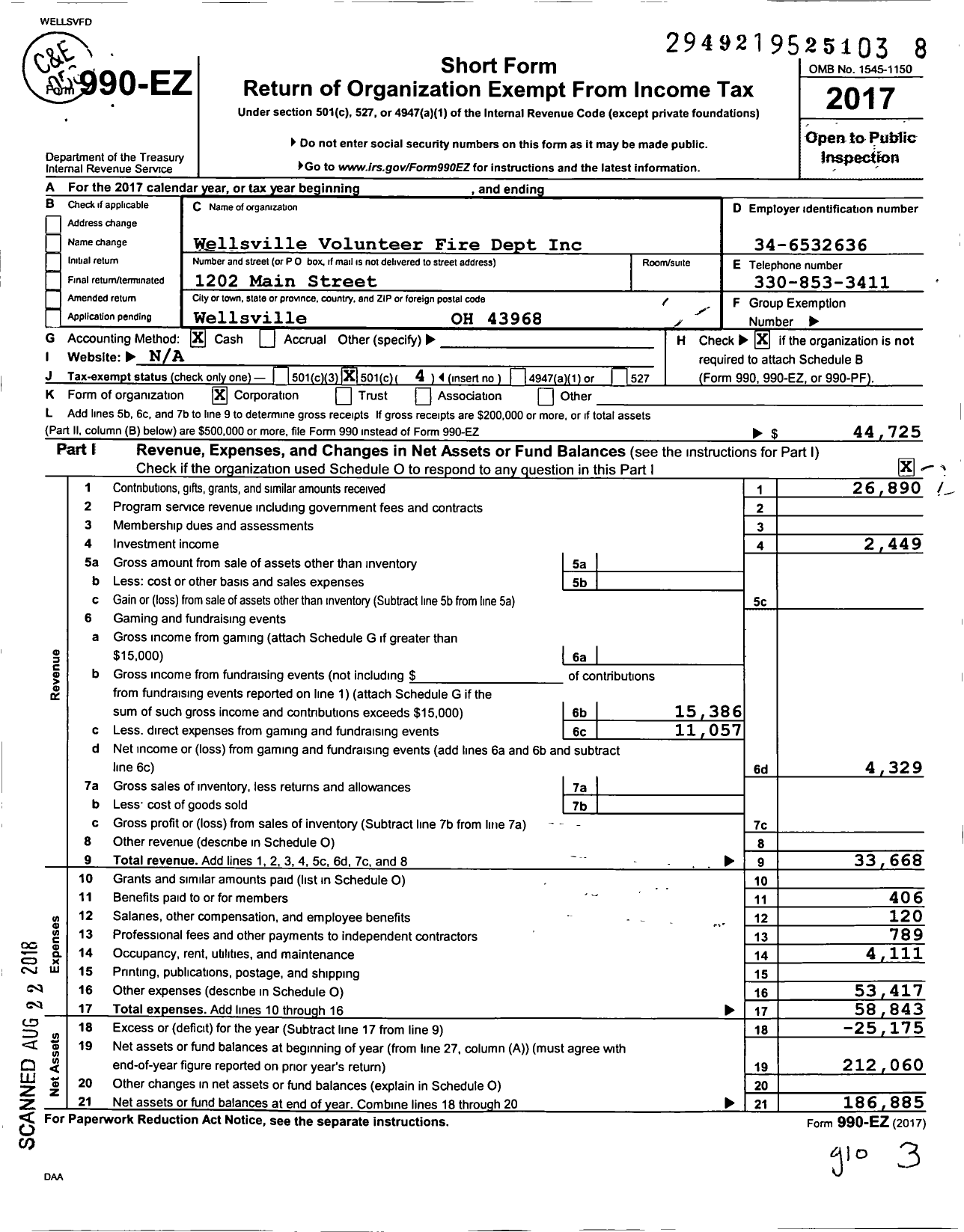 Image of first page of 2017 Form 990EO for Wellsville Volunteer Fire Dept