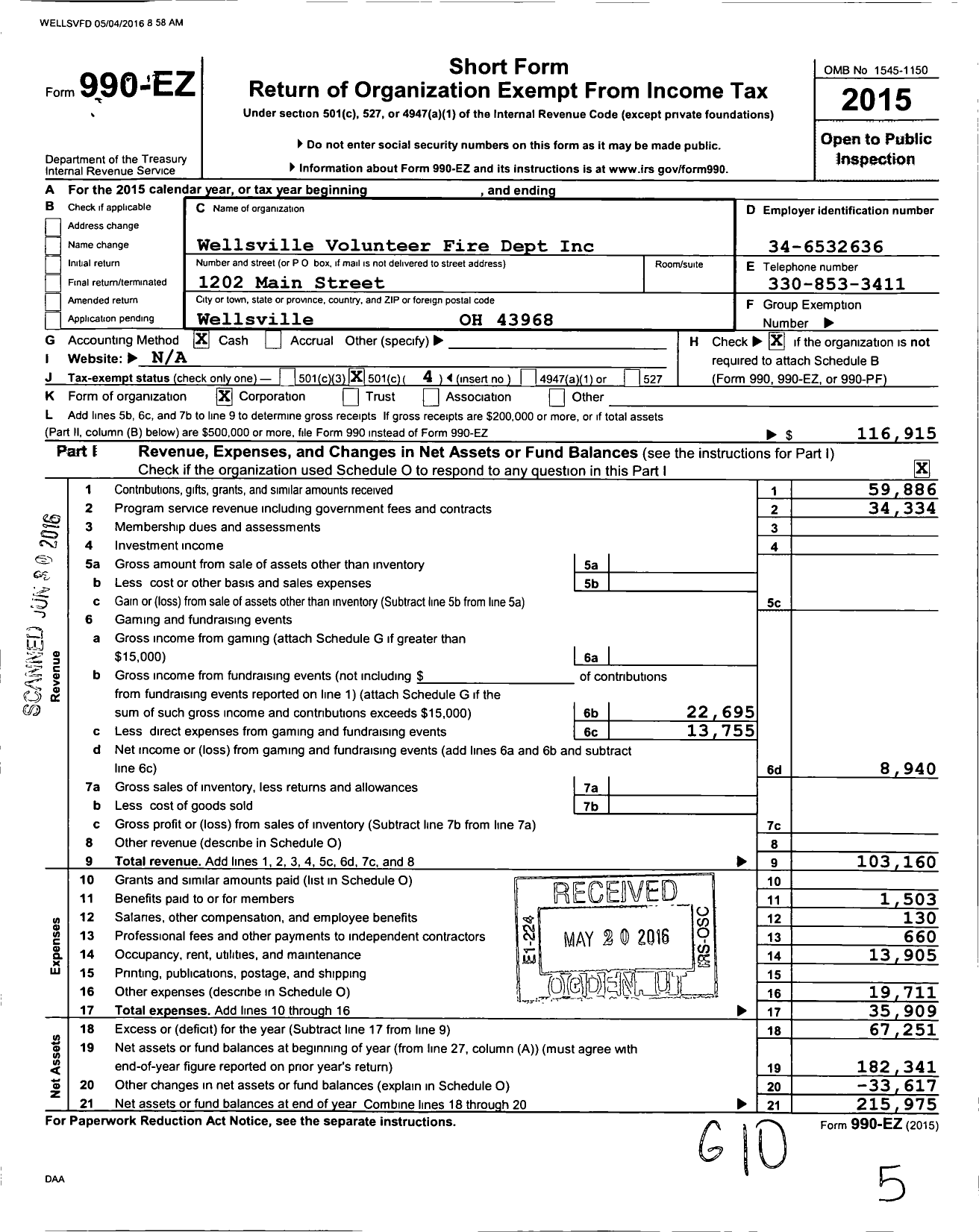 Image of first page of 2015 Form 990EO for Wellsville Volunteer Fire Dept