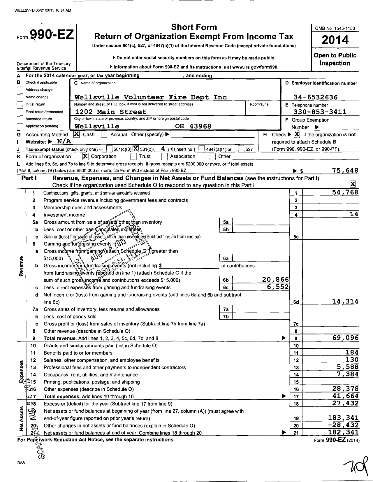 Image of first page of 2014 Form 990EO for Wellsville Volunteer Fire Dept