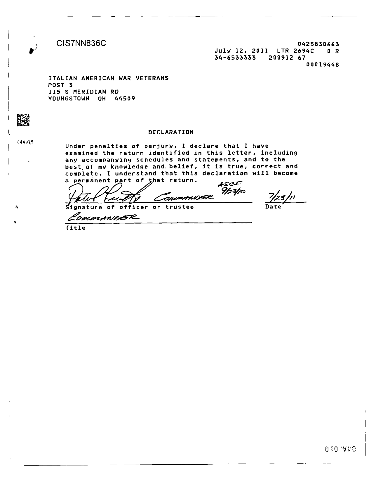 Image of first page of 2009 Form 990OR for Italian American War Veterans of