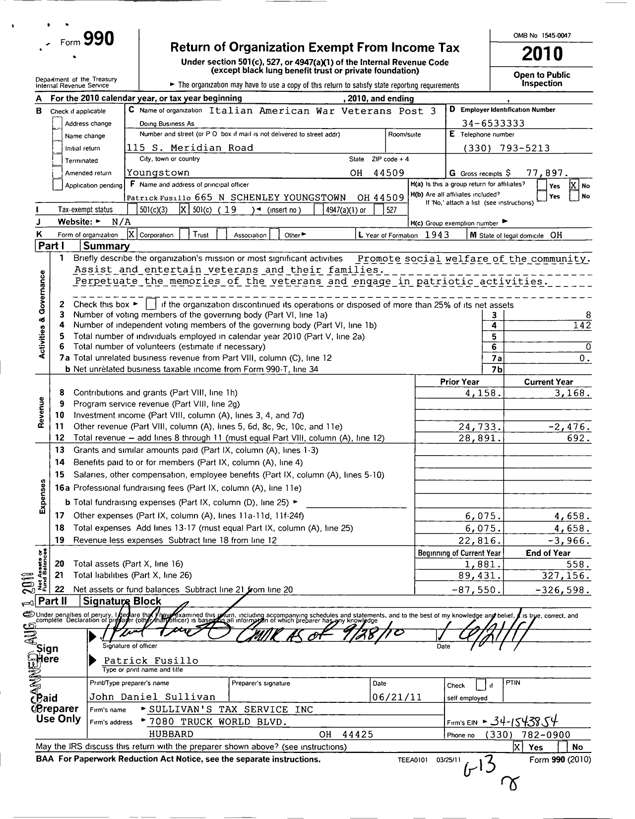 Image of first page of 2010 Form 990O for Italian American War Veterans of