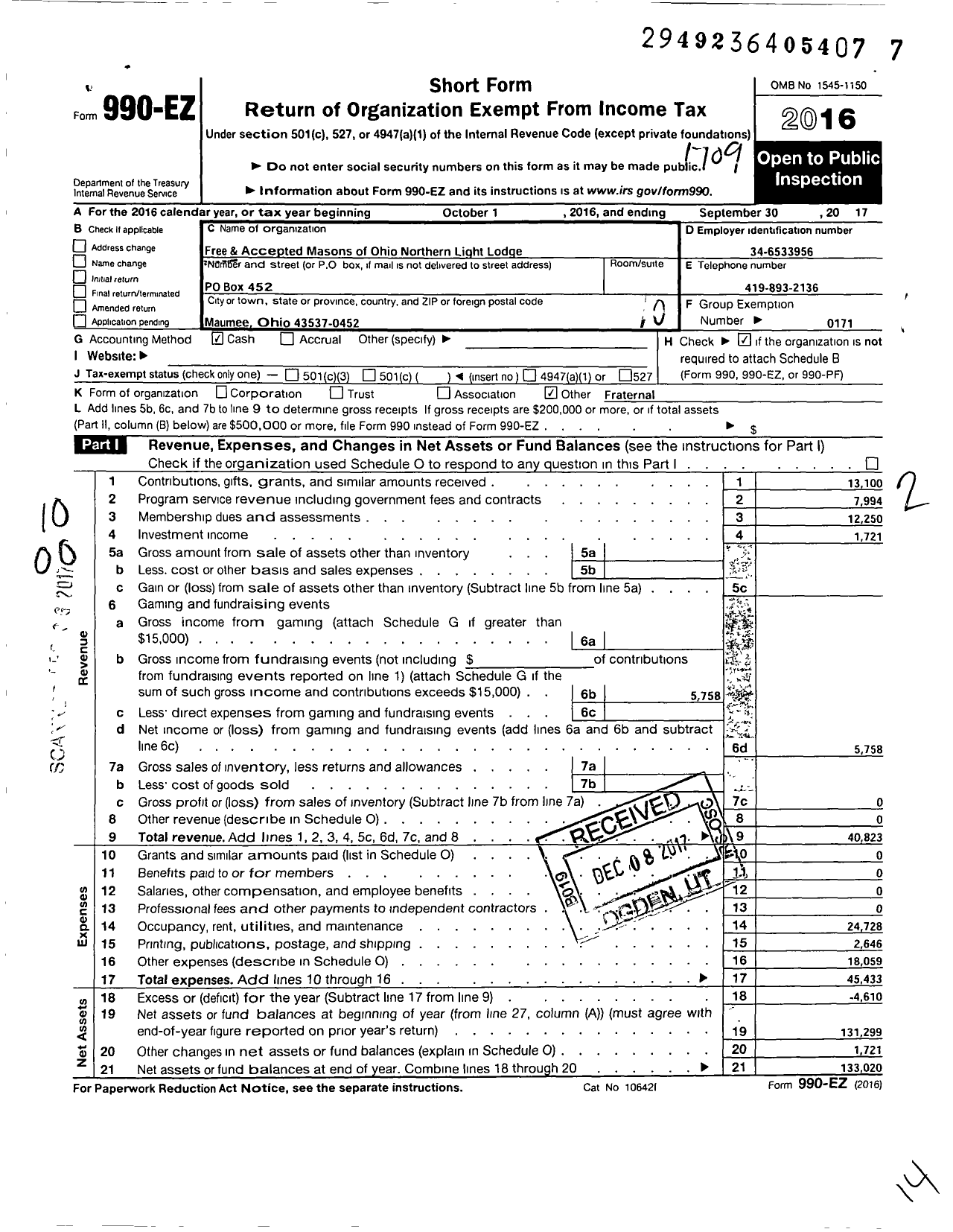 Image of first page of 2016 Form 990EO for Free & Accepted Masons of Ohio - 40 Northern Light Lodge