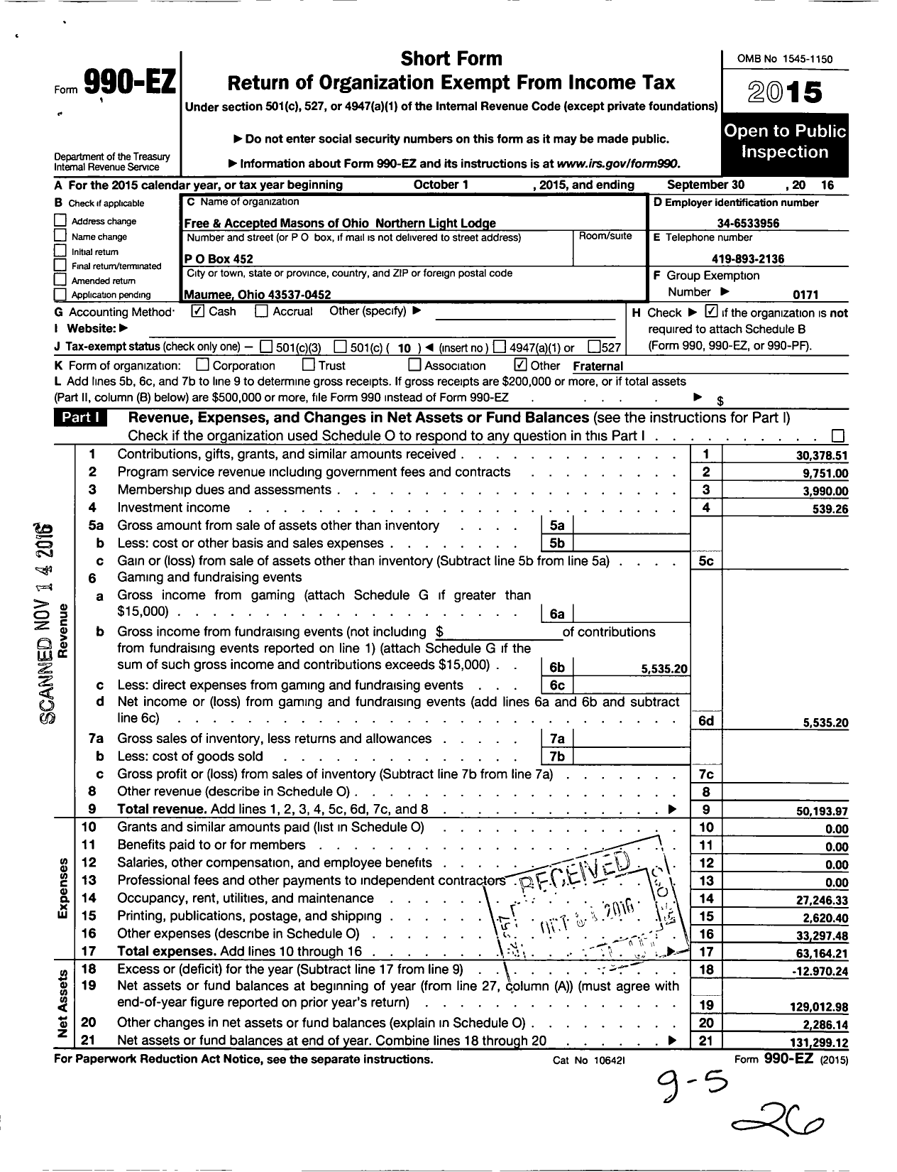 Image of first page of 2015 Form 990EO for Free & Accepted Masons of Ohio - 40 Northern Light Lodge