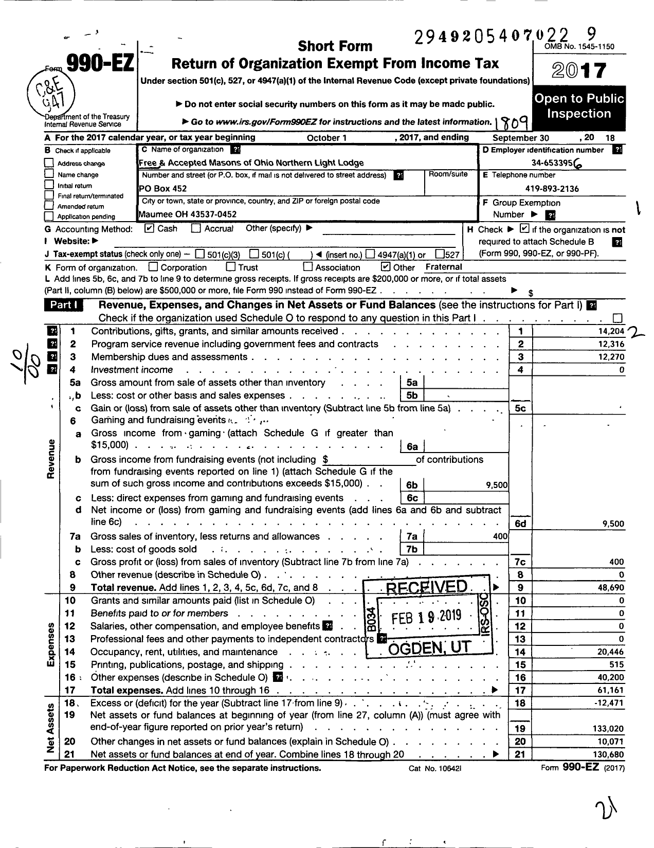 Image of first page of 2017 Form 990EO for Free & Accepted Masons of Ohio - 40 Northern Light Lodge