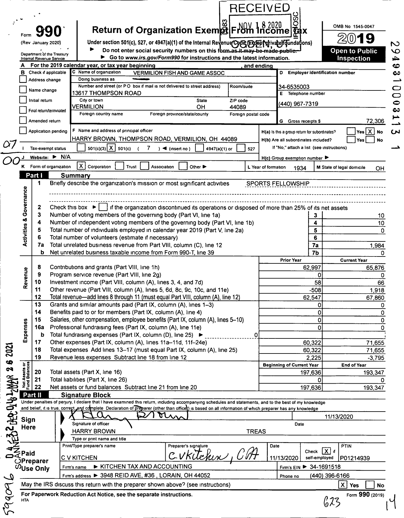 Image of first page of 2019 Form 990O for Vermilion Fish and Game Association