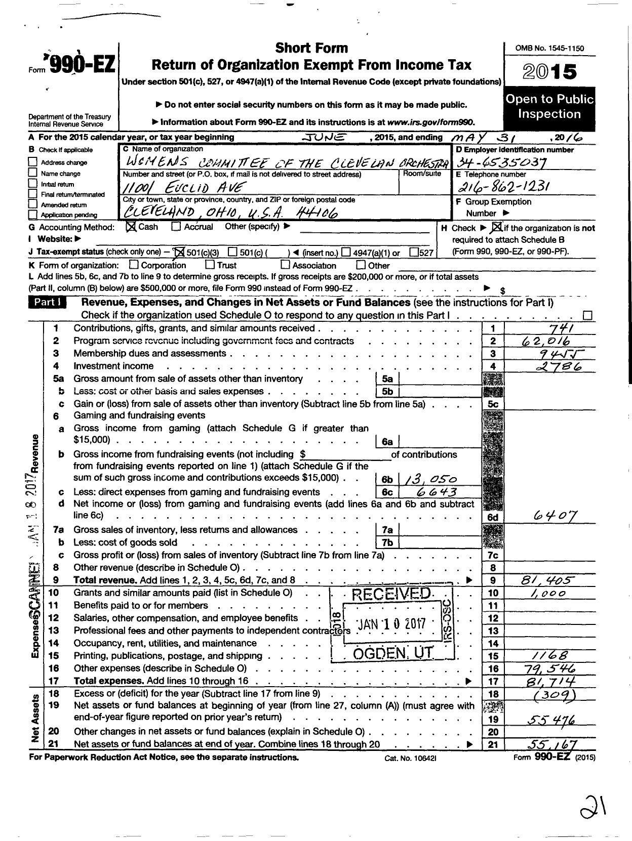 Image of first page of 2015 Form 990EZ for Friends of the Cleveland Orchestra