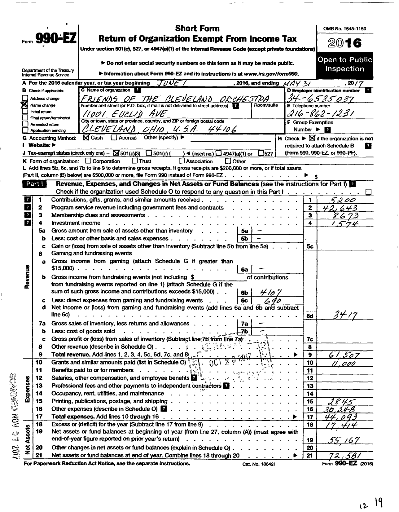 Image of first page of 2016 Form 990EZ for Friends of the Cleveland Orchestra