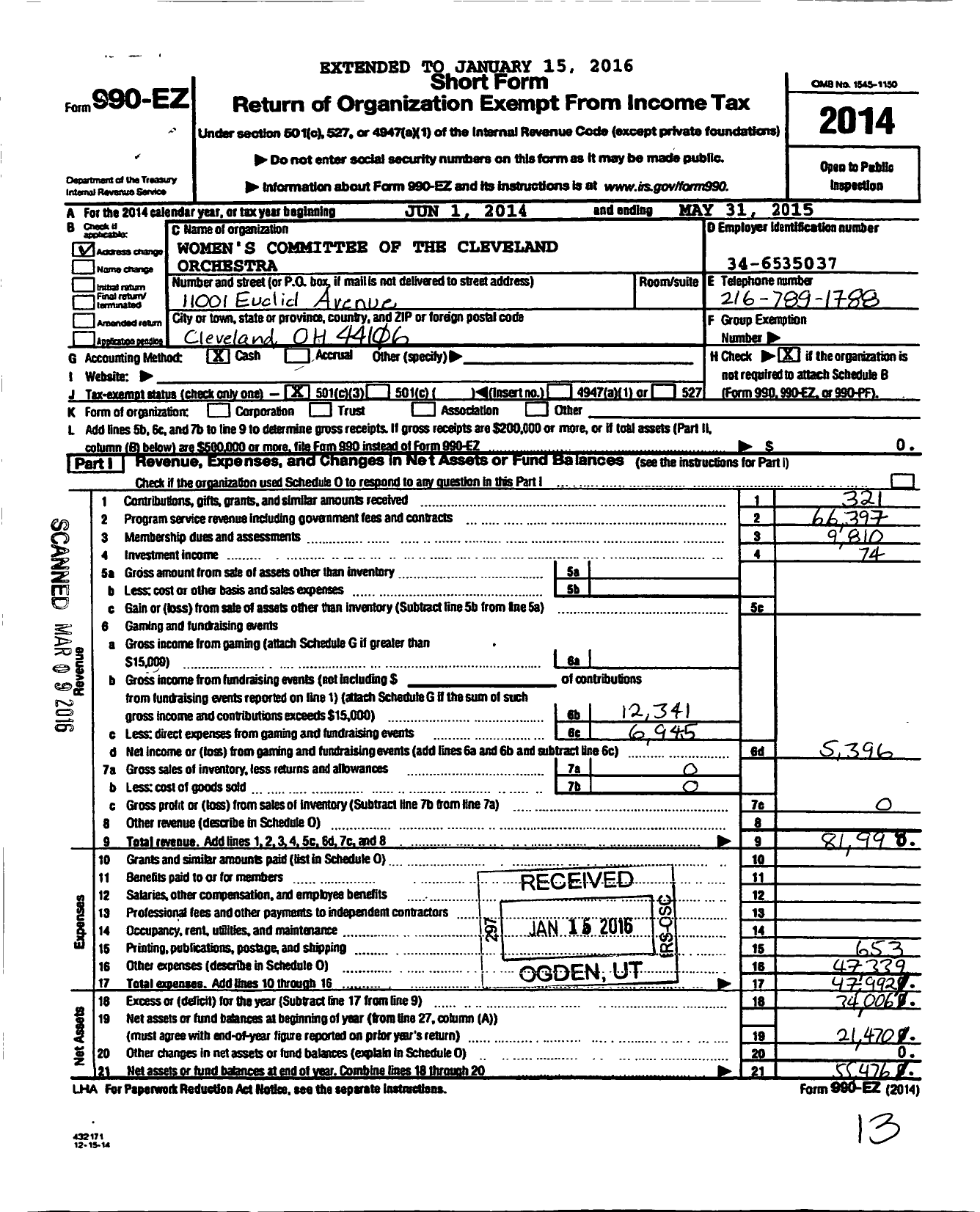 Image of first page of 2014 Form 990EZ for Friends of the Cleveland Orchestra