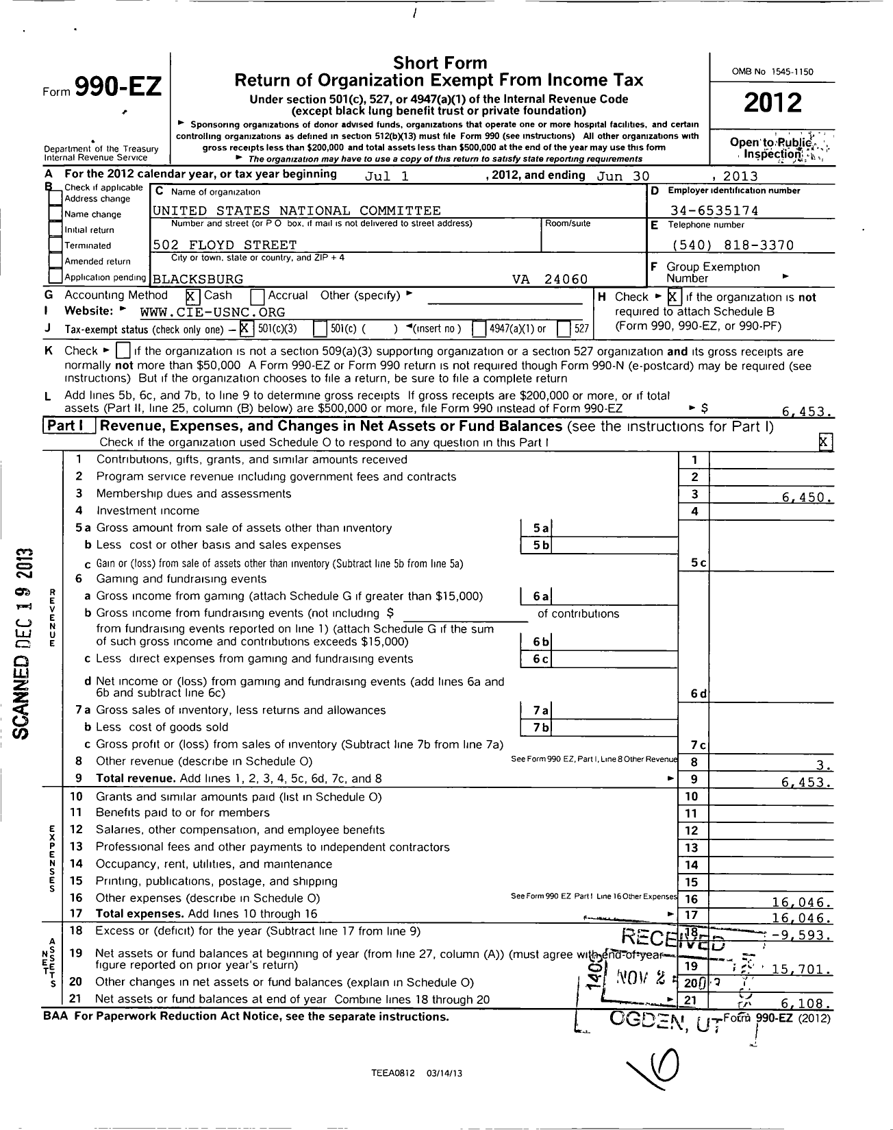 Image of first page of 2012 Form 990EZ for United States National Committee