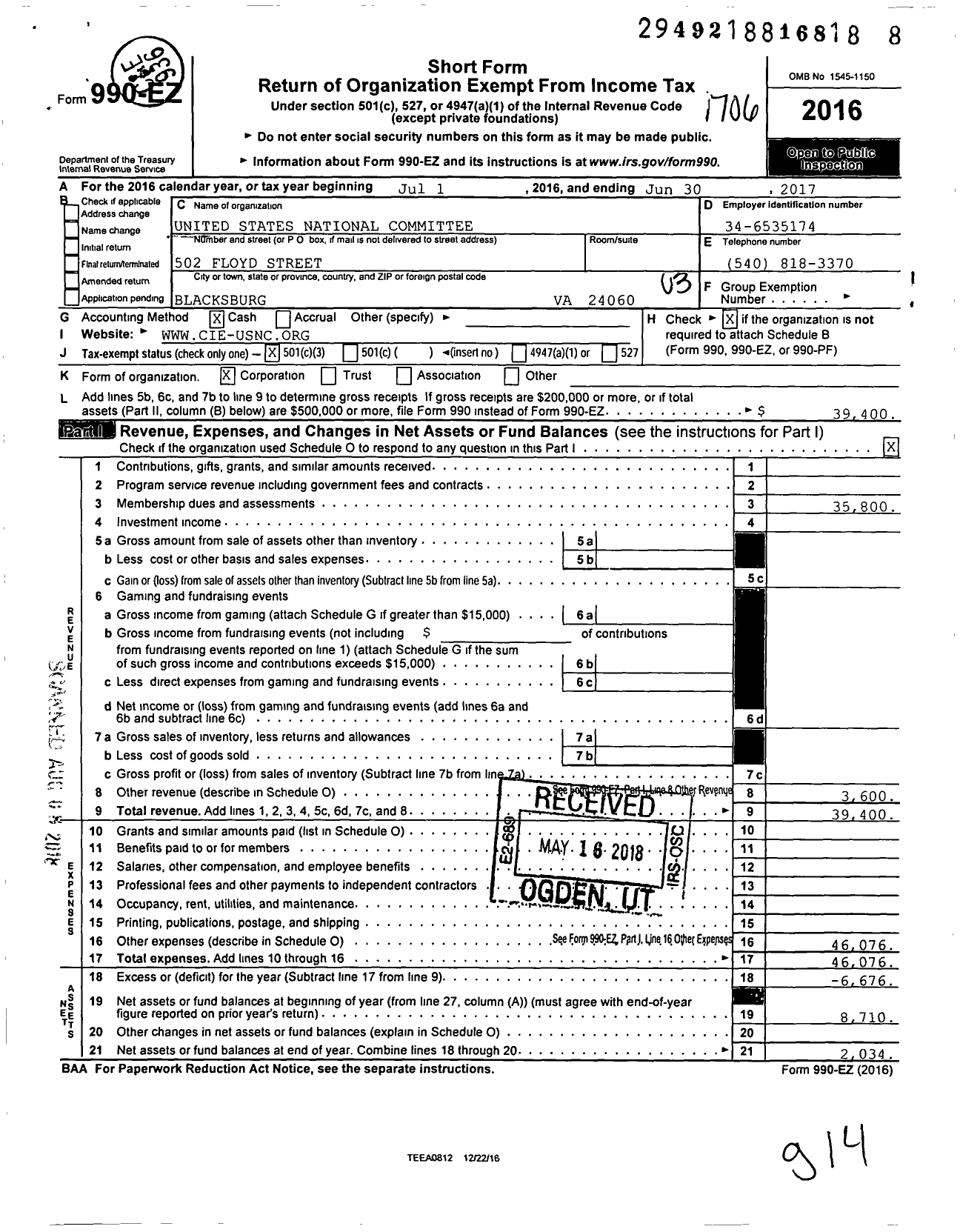 Image of first page of 2016 Form 990EZ for United States National Committee