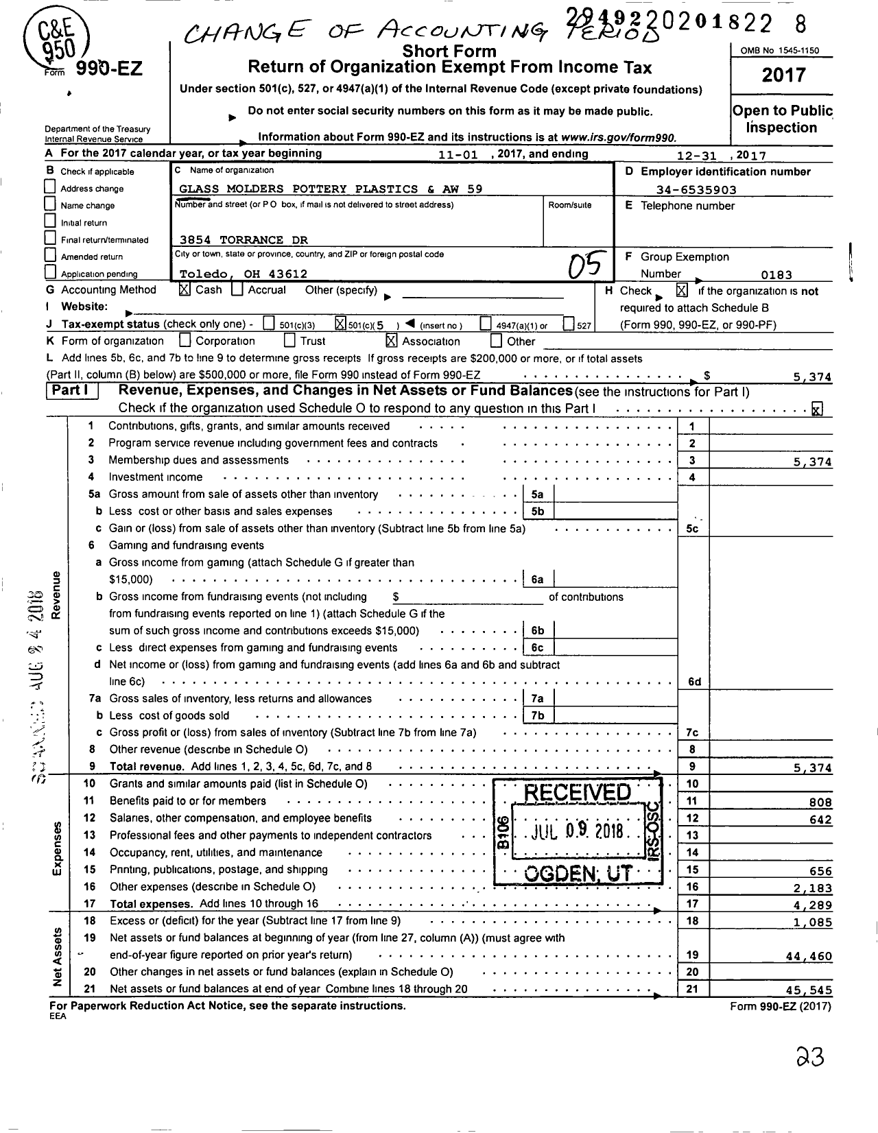 Image of first page of 2017 Form 990EO for United Steelworkers - 00059m Local