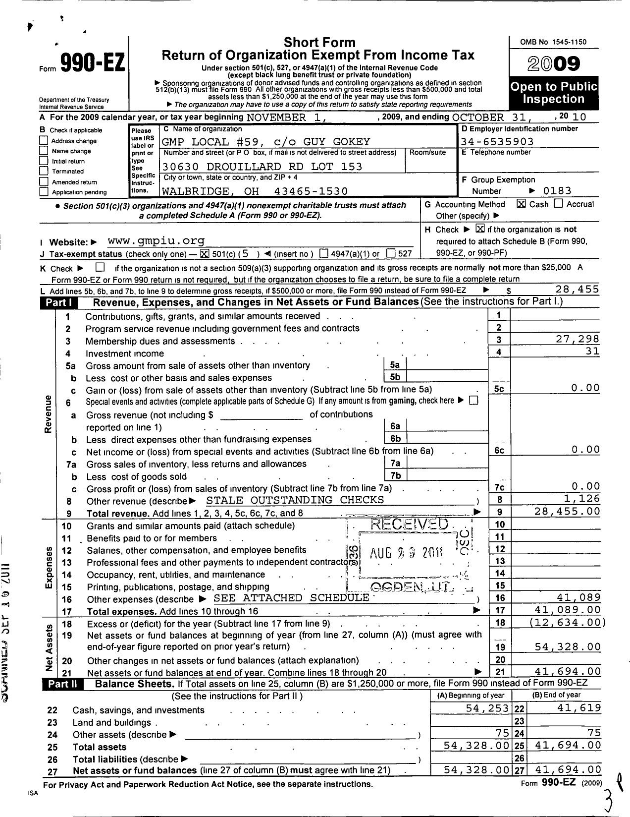 Image of first page of 2009 Form 990EO for United Steelworkers - 00059m Local