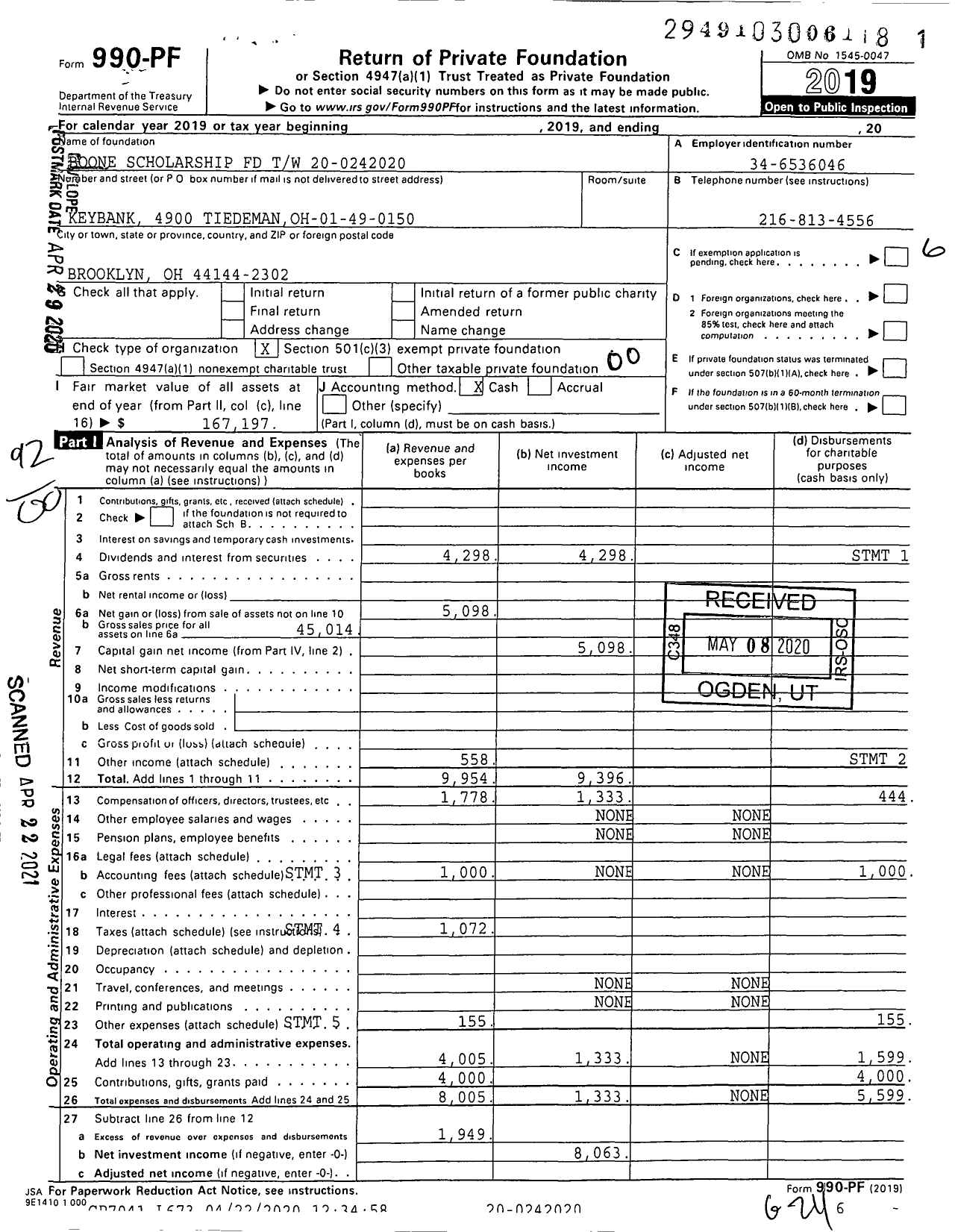 Image of first page of 2019 Form 990PF for Boone Scholarship FD TW